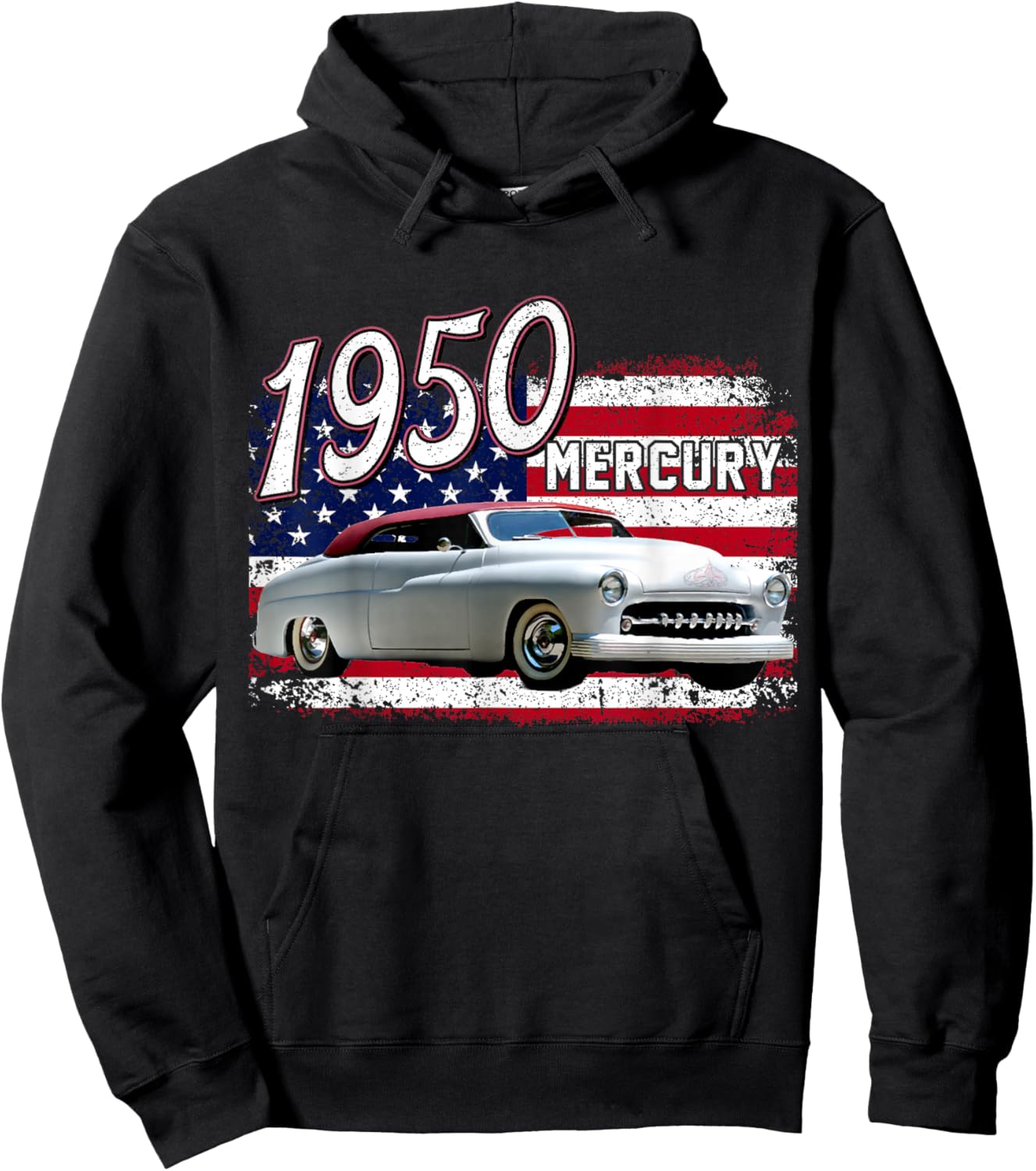 1950 50 Mercury Classic Vintage Old Car USA Flag Hoodie - Hoodie | Black