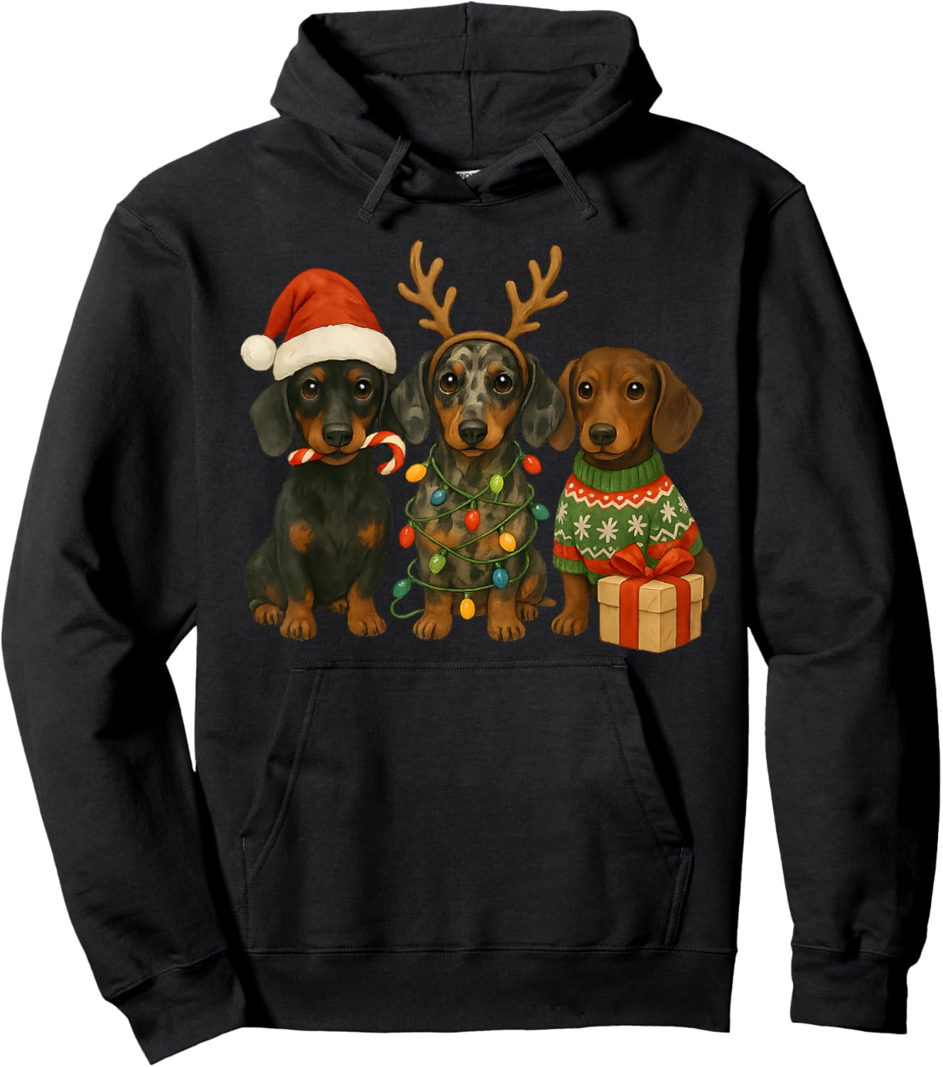 Dachshund Christmas Wiener Dog Santa Hat Weenie Ugly Sweater Hoodie - Hoodie | Black