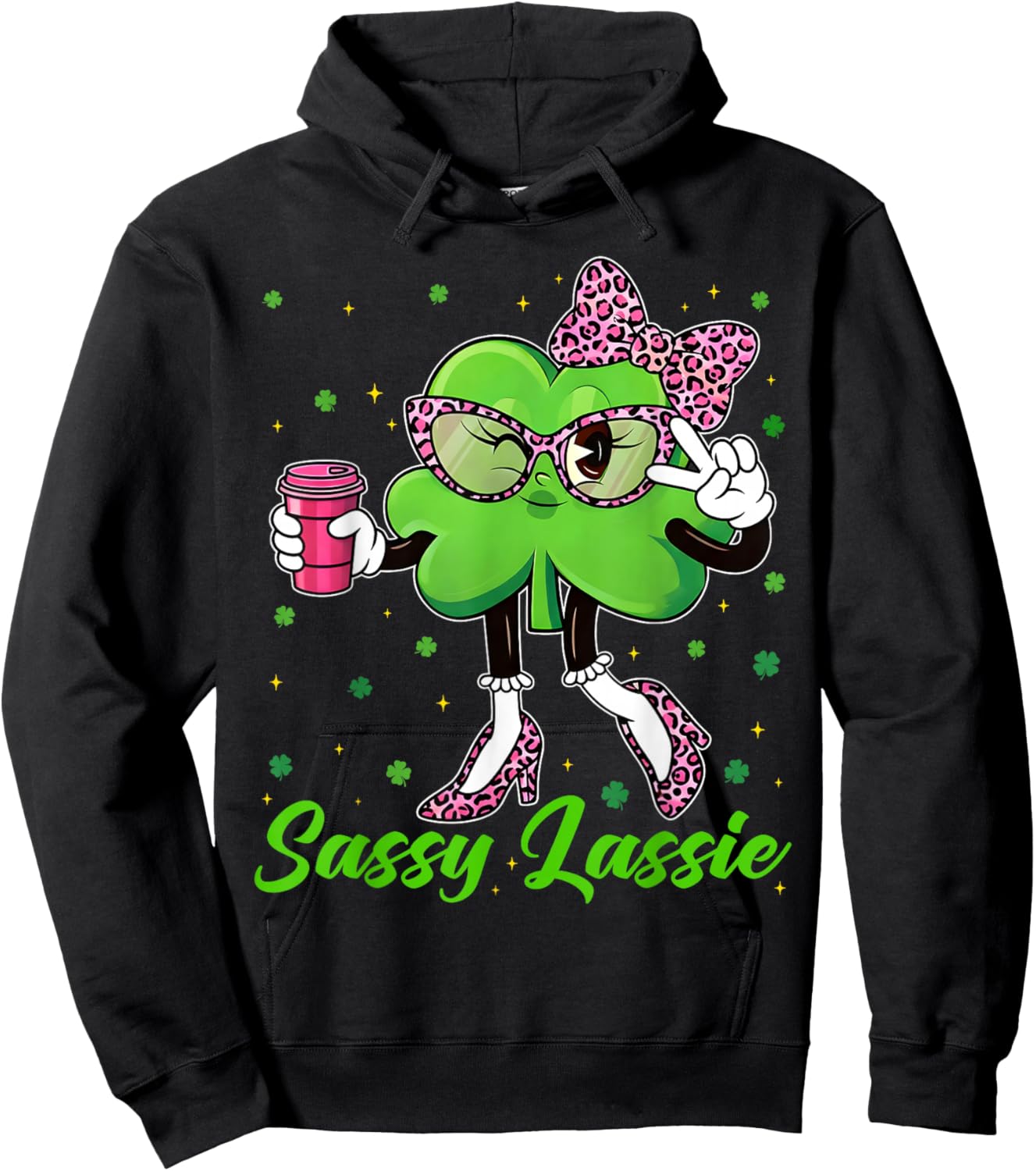 Funny Sassy Lassie Shamrock Leopard St Patricks Women Girl Hoodie - Hoodie | Black