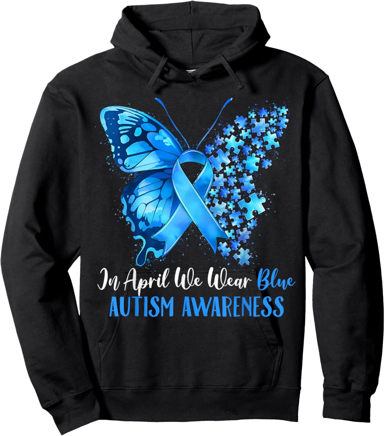in April We Wear Blue Autism Awareness Butterfly Puzzle Hoodie - Hoodie | Black