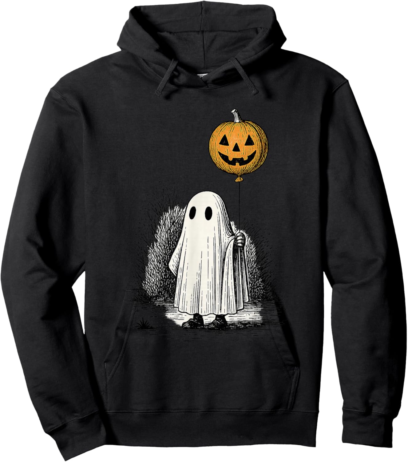 Retro Ghost with Pumpkin Balloon Vintage Halloween Art Hoodie - Hoodie | Black