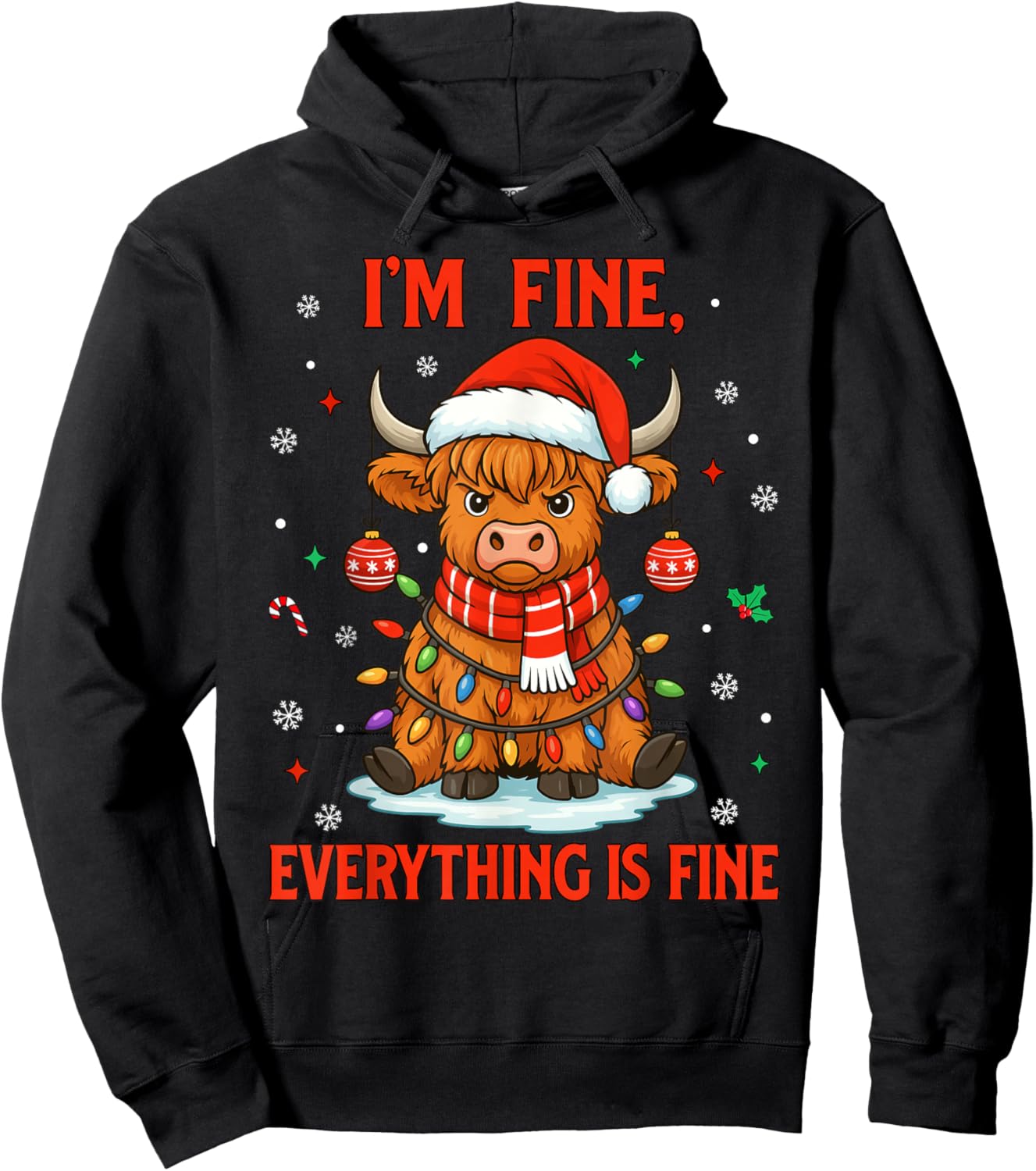 I'm Fine Everything is Fine Christmas Highland Cow Christmas Hoodie - Hoodie | Black
