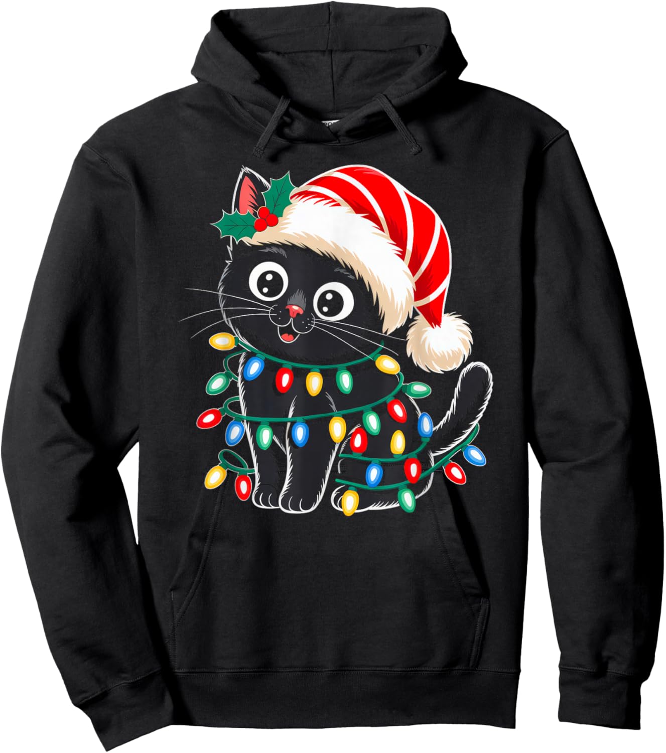 Black Cat Christmas Lights Santa Hat Xmas Pajamas Cat Lover Hoodie - Hoodie | Black