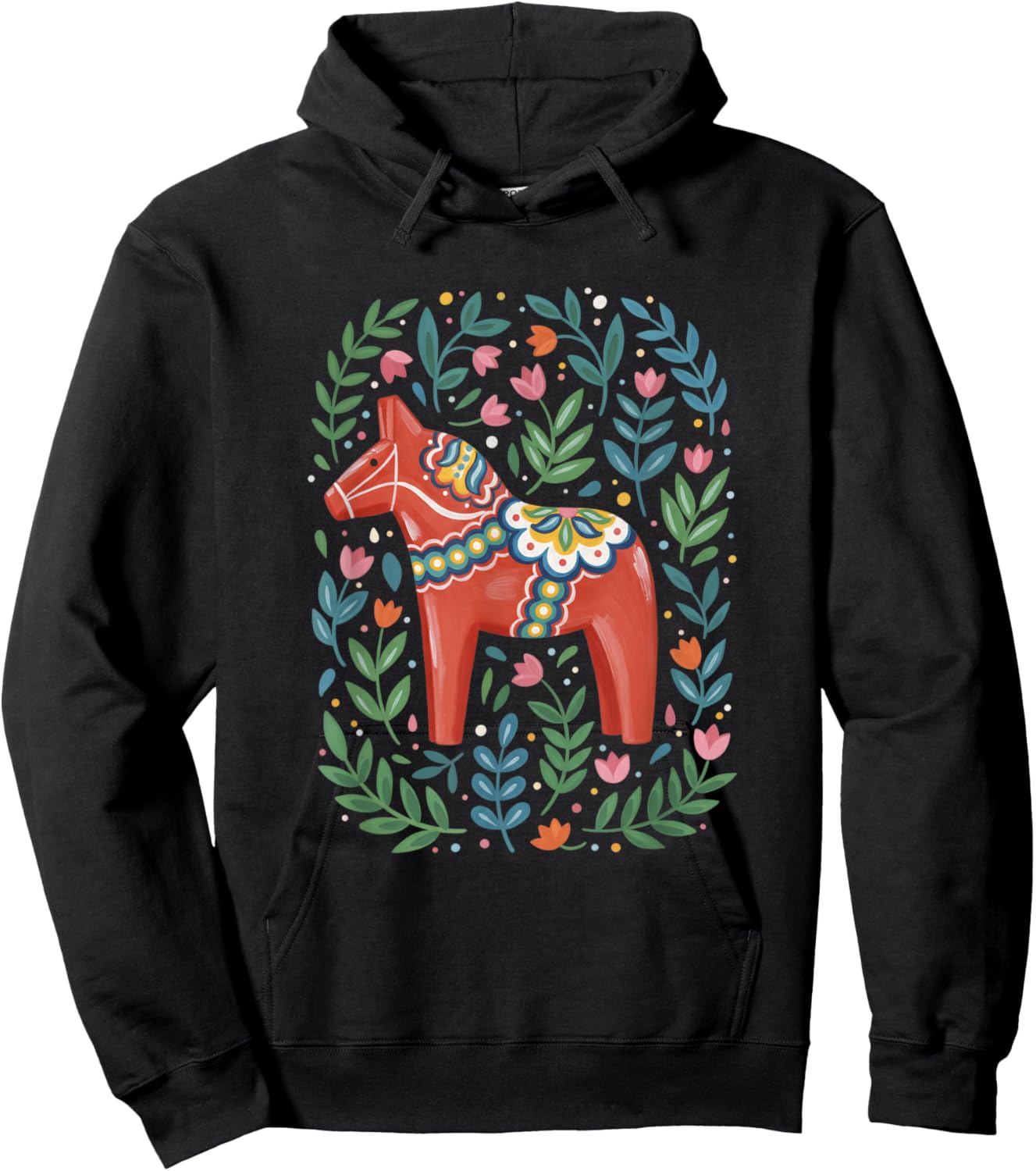 Folk Art Red Dala Horse Scandinavian Horse Floral Decor Hoodie - Hoodie | Black