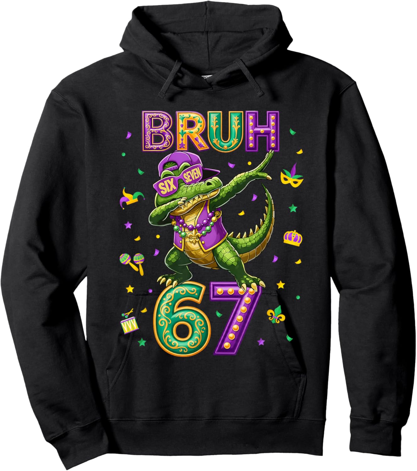 Mardi Gras Six Seven Bruh Mardigator Alligator 6 7 Meme Boys Hoodie - Hoodie | Black