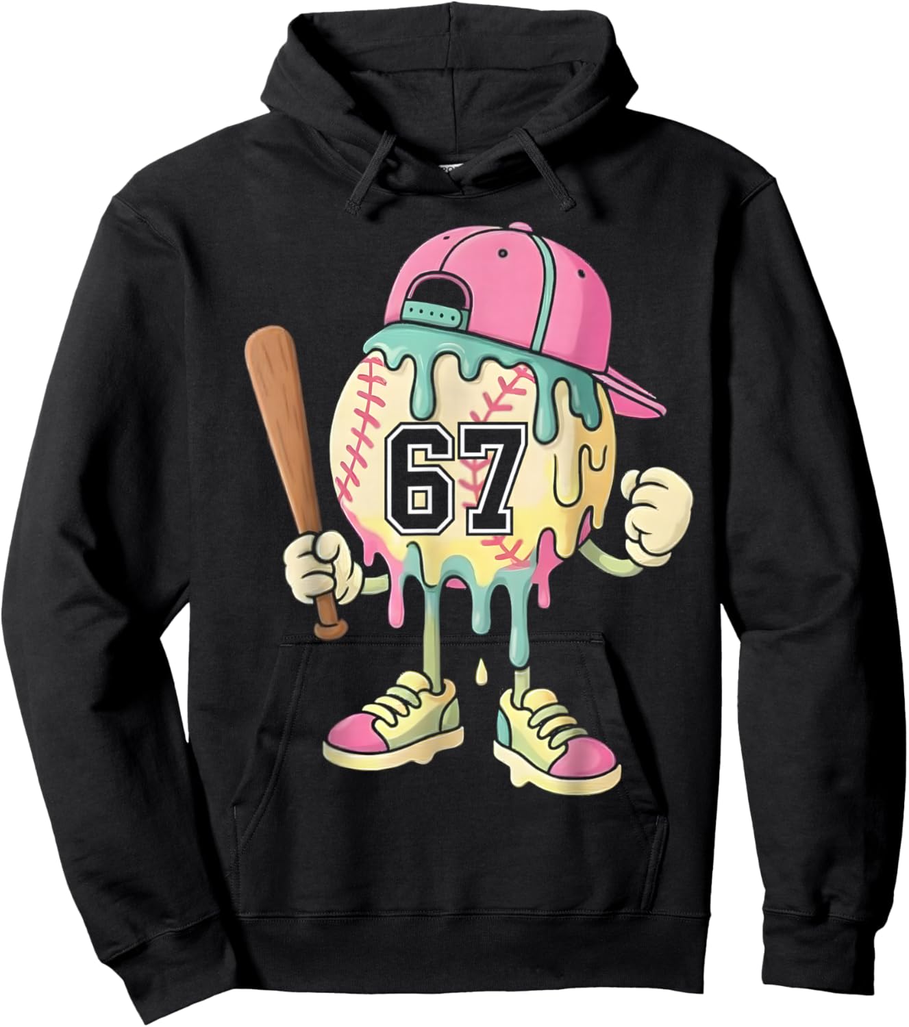 Baseball Ice Cream Drip 67 Boys and Girls Batter Game Day Hoodie - Hoodie | Black