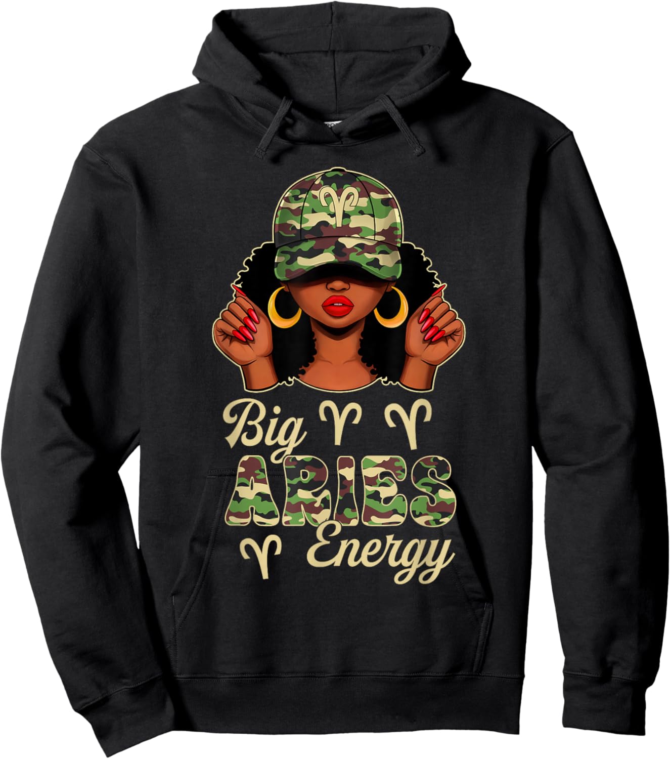 Big Aries Energy Afro Women Camo Cap Black Girl Zodiac Hoodie - Hoodie | Black