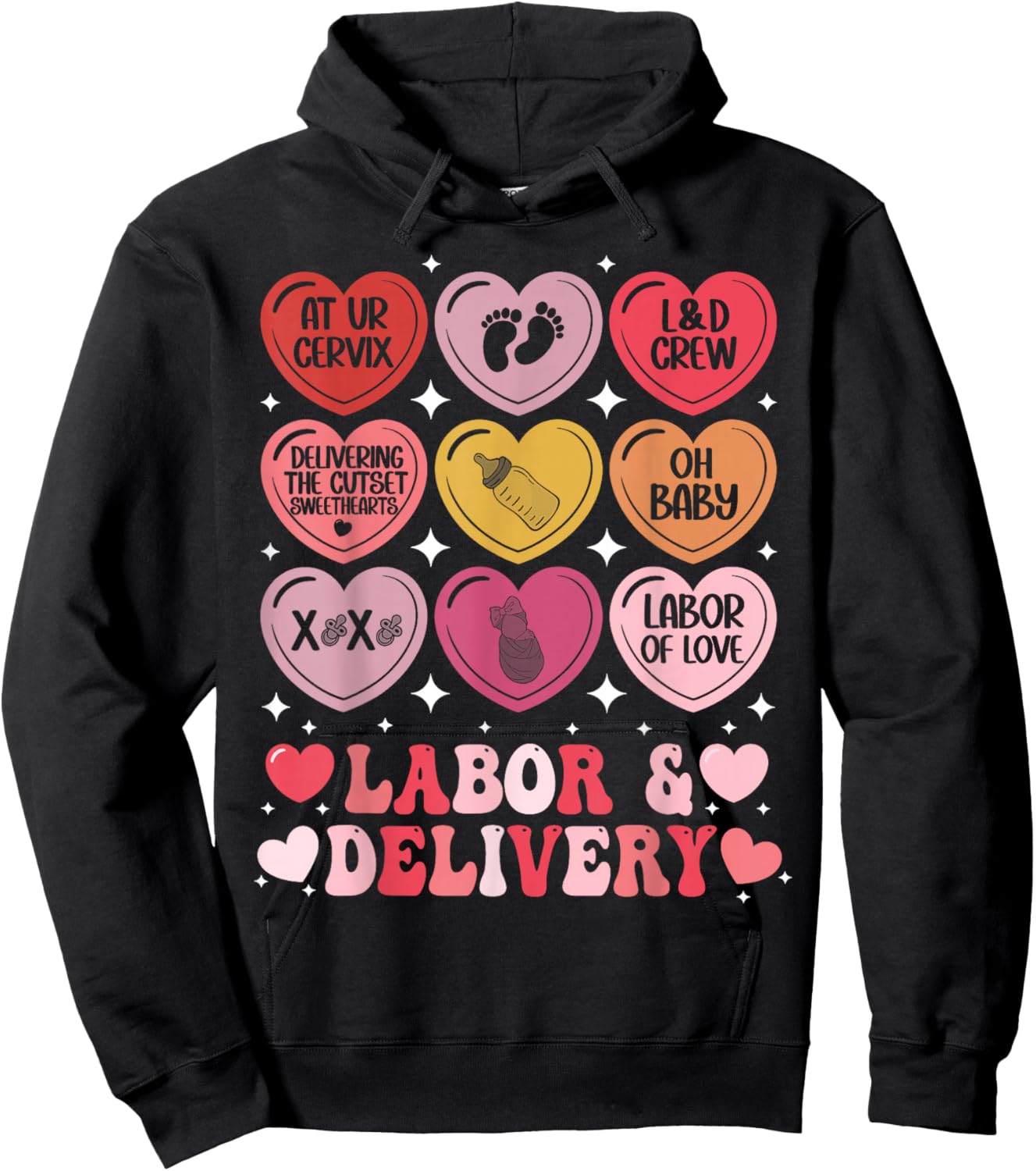 Labor and Delivery Nurse Valentine's Day L&D Hearts Candy Hoodie - Hoodie | Black