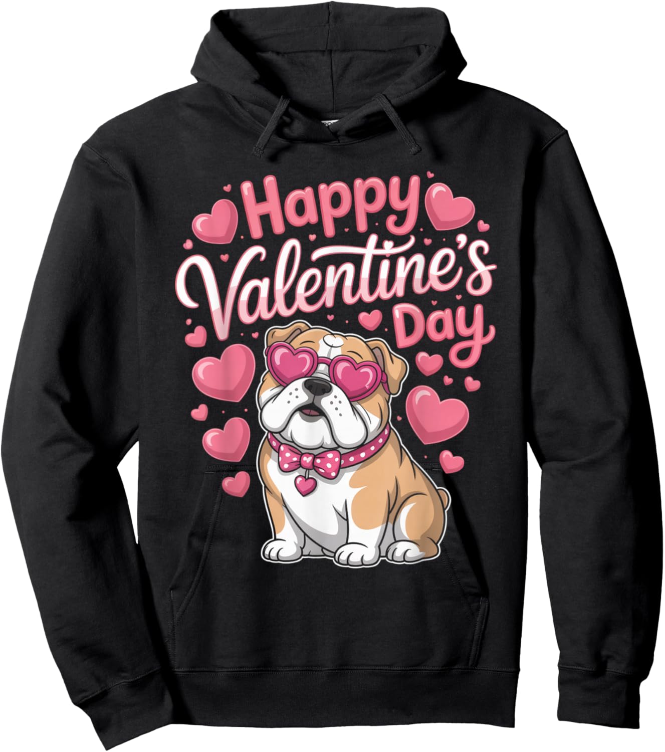 Happy Valentine’s Day Bulldog with Hearts Cute Dog Hoodie - Hoodie | Black