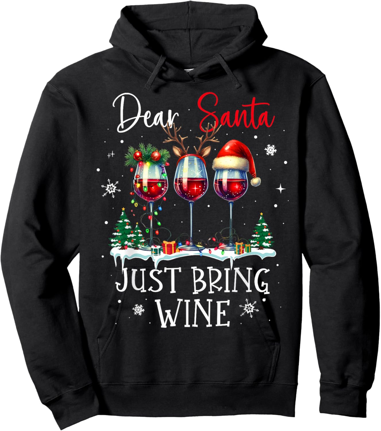 Dear Santa Just Bring Wine Funny Wine Christmas Women Men Hoodie - Hoodie | Black