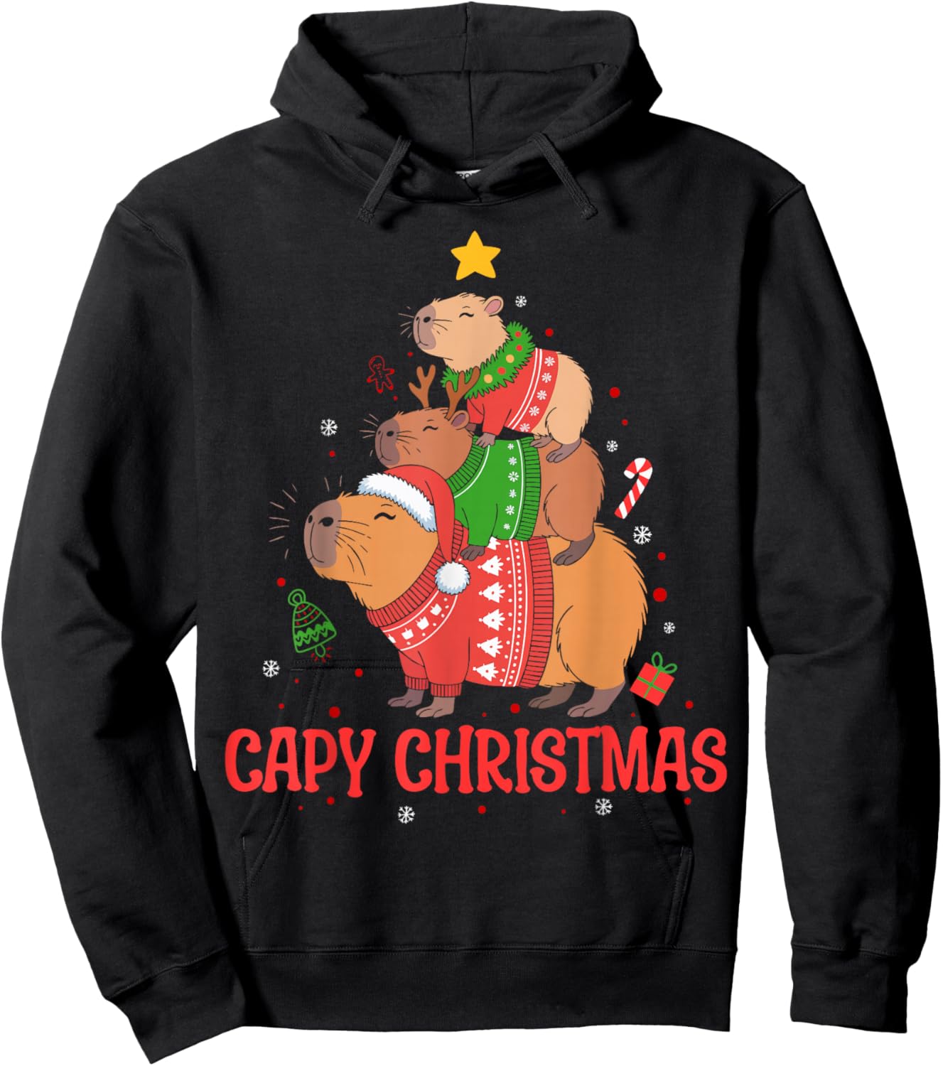 Cappy Holidays Capybara Christmas Cute Capy Xmas Tree Pjs Hoodie - Hoodie | Black