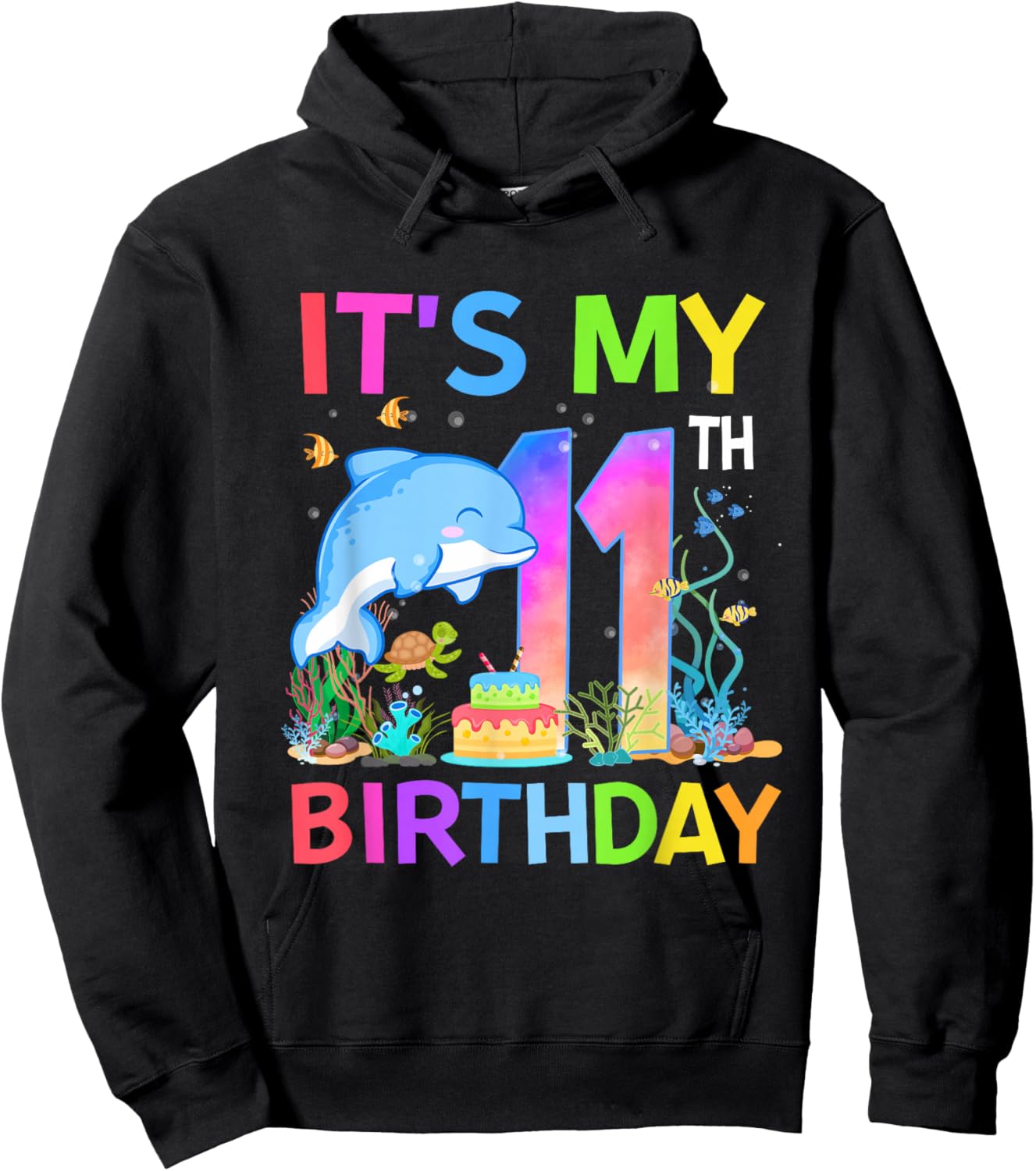 11 Year Old Boys Girls It's My 11th Birthday Dolphin Themed Hoodie - Hoodie | Black