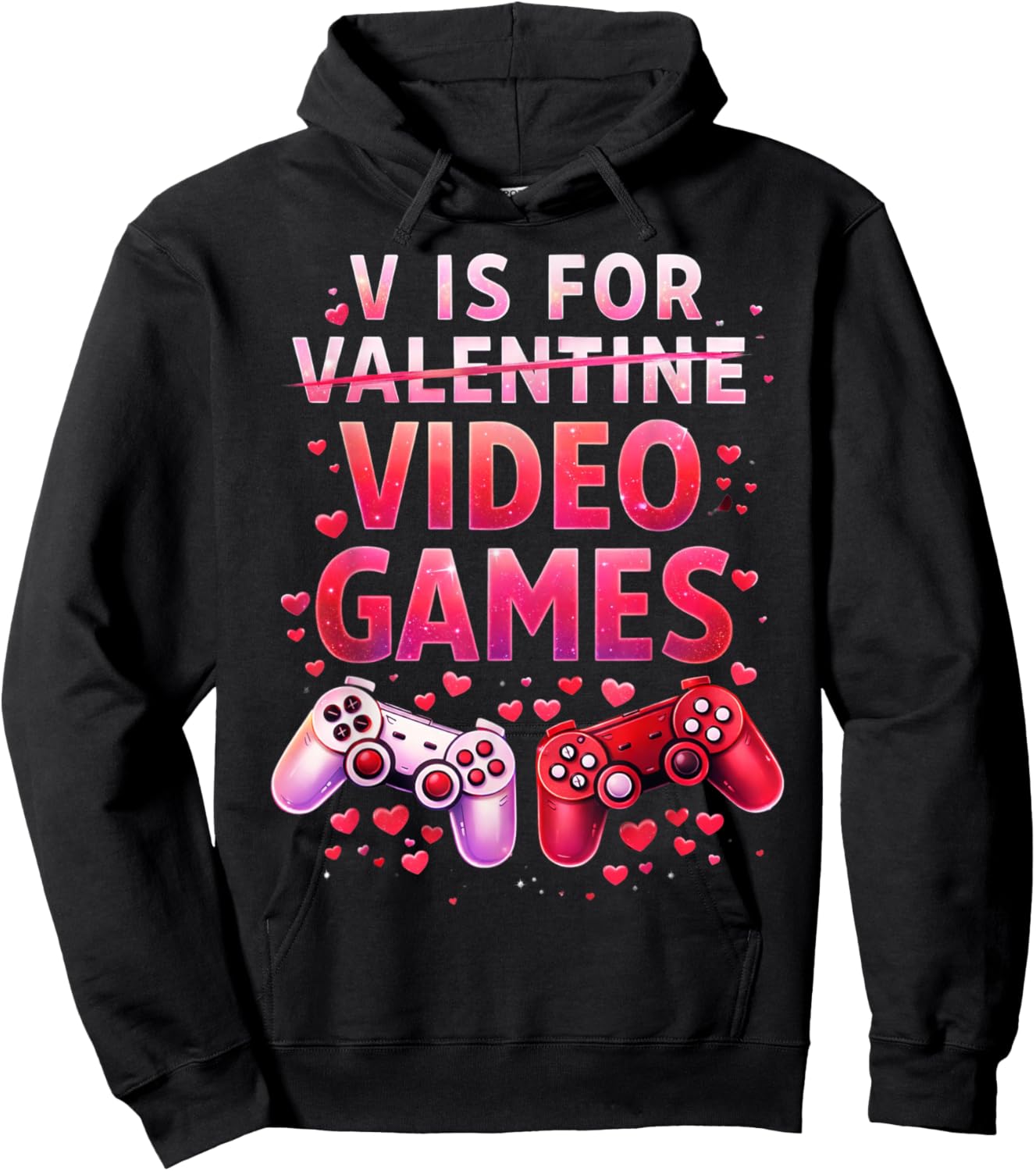 V is for Video Games Funny Valentines Gamer Men Kids Boy Fun Hoodie - Hoodie | Black