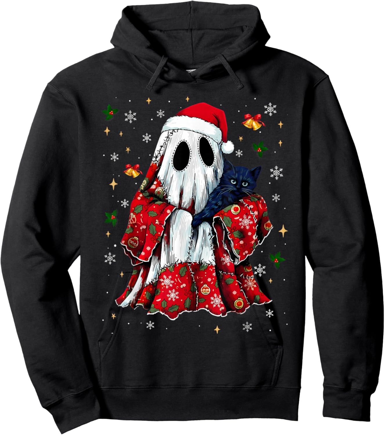 Vintage Christmas Ghost Holding Black Cat Groovy Floral Hoodie - Hoodie | Black