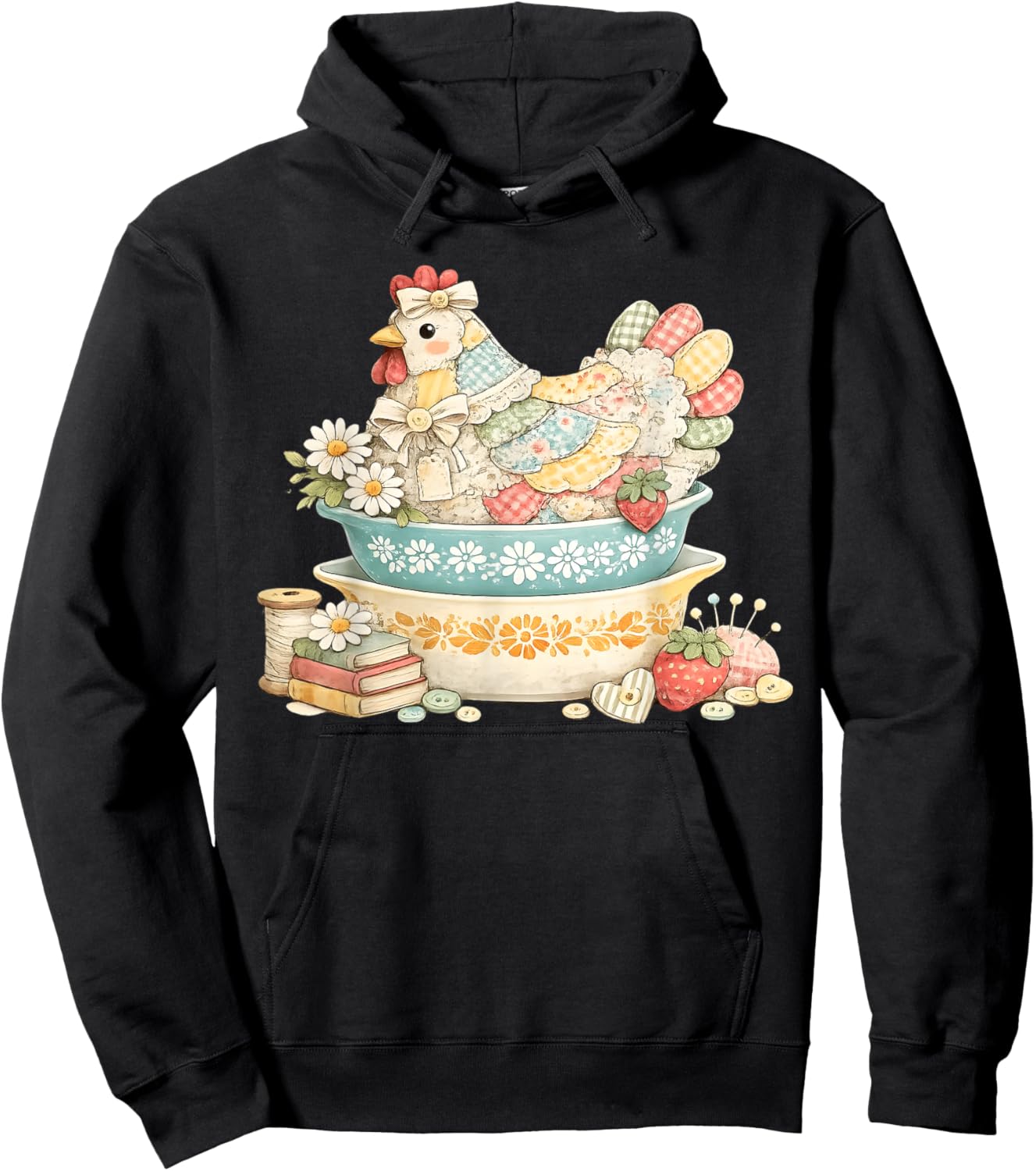 Patchwork Vintage Hen, Quilted Chicken Pyrex Hoodie - Hoodie | Black