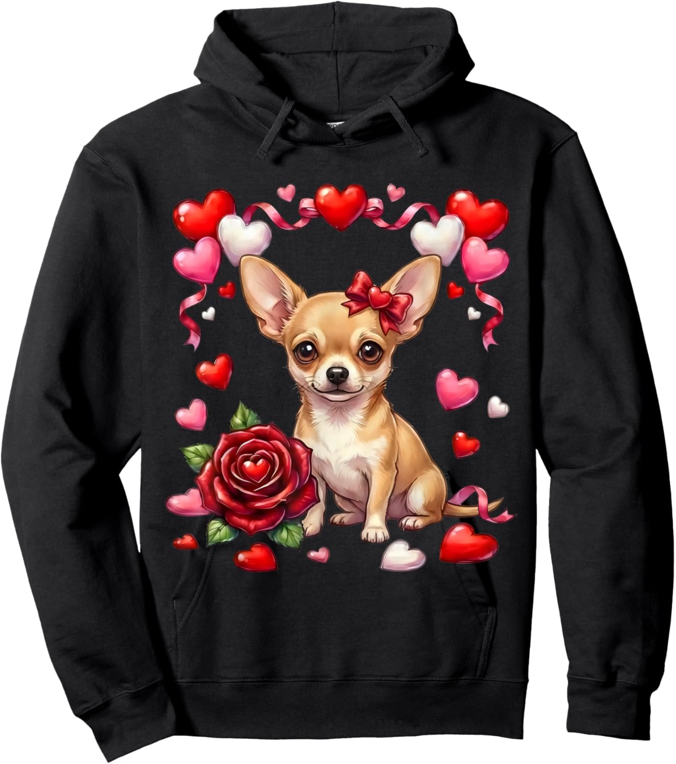Cute Kawaii Chihuahua Dog Heart Coquette Bow Valentines Day Hoodie - Hoodie | Black