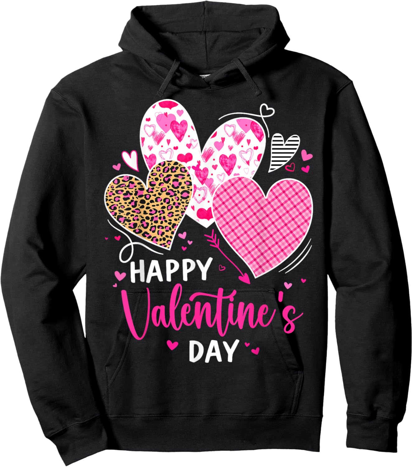 Happy Valentine's Day Leopard and Plaid Hearts Girls Women Hoodie - Hoodie | Black