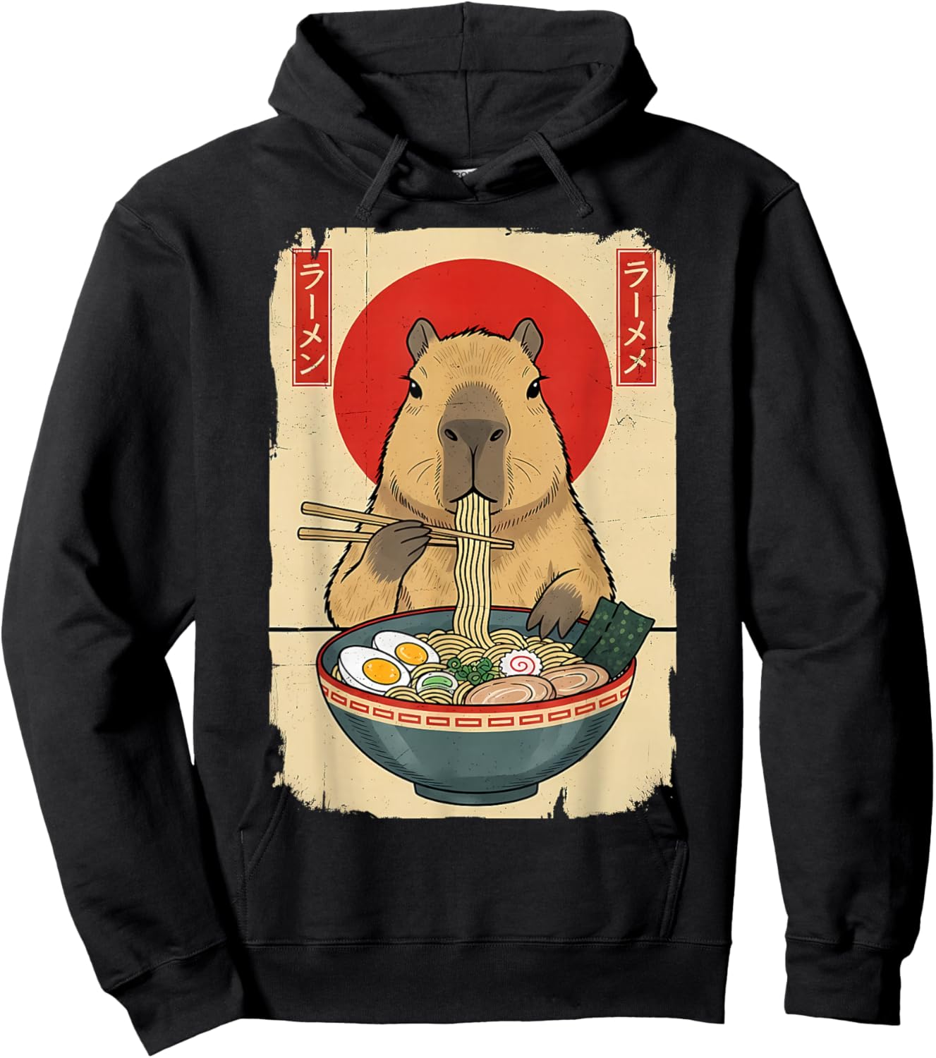 Capybara Eating Ramen Noodles Funny Vintage Japanese Anime Hoodie - Hoodie | Black