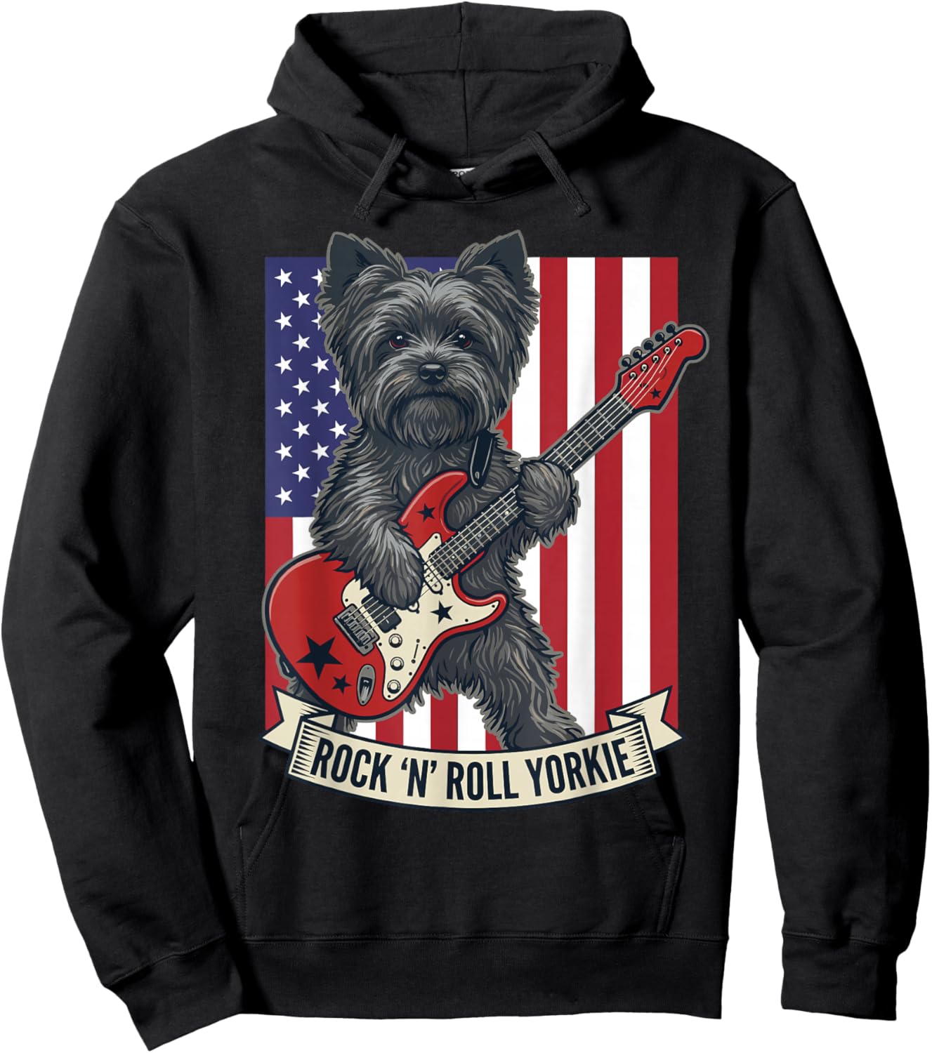 Rock N Roll Yorkie Dog Playing Guitar USA Flag Puppy Hoodie - Hoodie | Black
