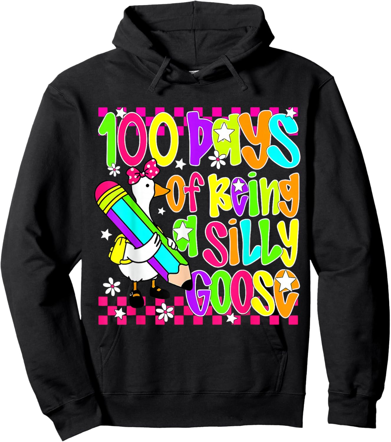 Floral Checkered 100 Days of Being A Silly School Goose Hoodie - Hoodie | Black