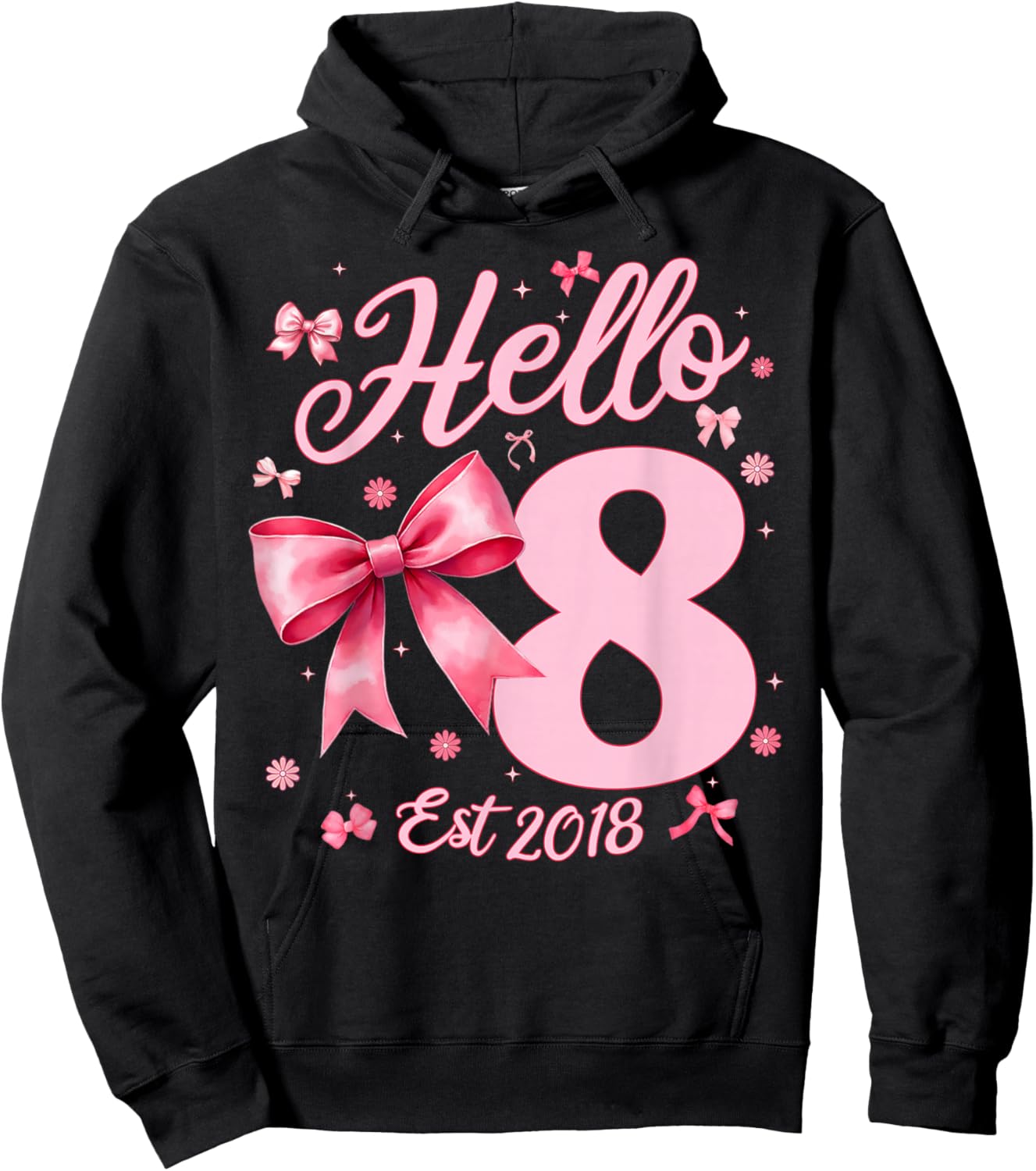 8th Birthday Girl Coquette Bow Hello Eight Est 2018 8 Yr Old Hoodie - Hoodie | Black