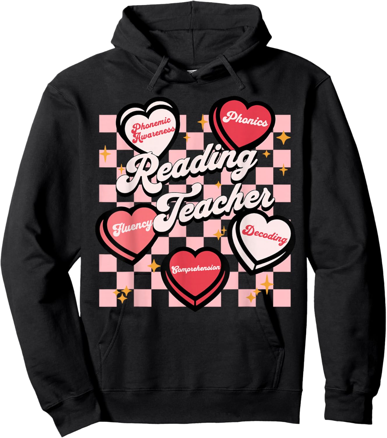 Retro Reading Teacher Candy Heart Valentines Literacy Coach Hoodie - Hoodie | Black