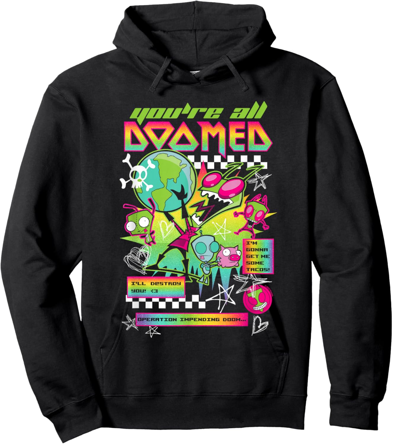 Invader Zim You're All Doomed Y2K Color Overload Cartoon Hoodie - Hoodie | Black