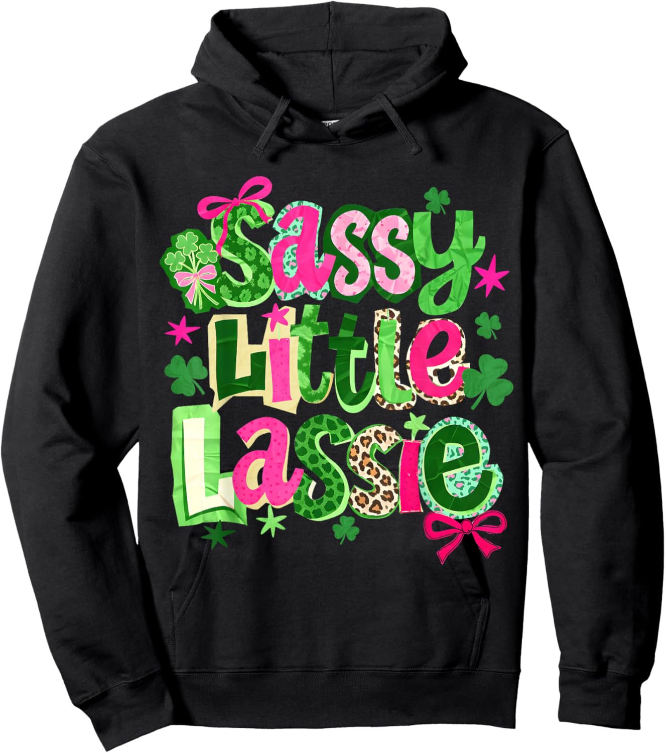 St Patricks Day Sassy Little Lassie Kids Girls Bow Shamrock Hoodie - Hoodie | Black
