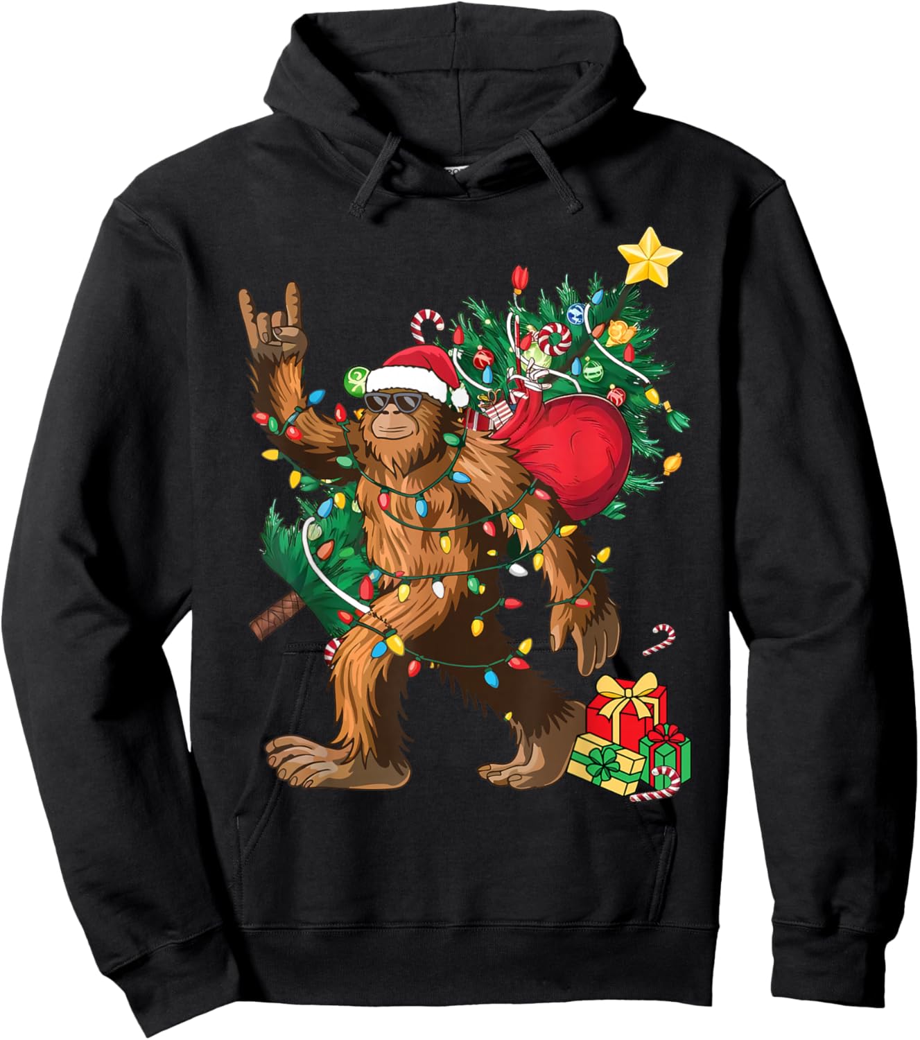 Bigfoot Christmas Tree Lights Xmas Boys Men Sasquatch Lovers Hoodie - Hoodie | Black