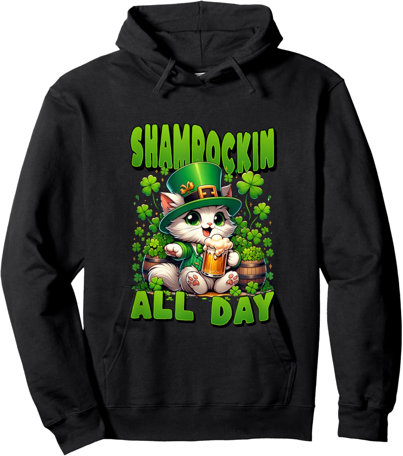 St Patrick's Day Shamrockin All Day. Cute Cat in Green Hat Hoodie - Hoodie | Black