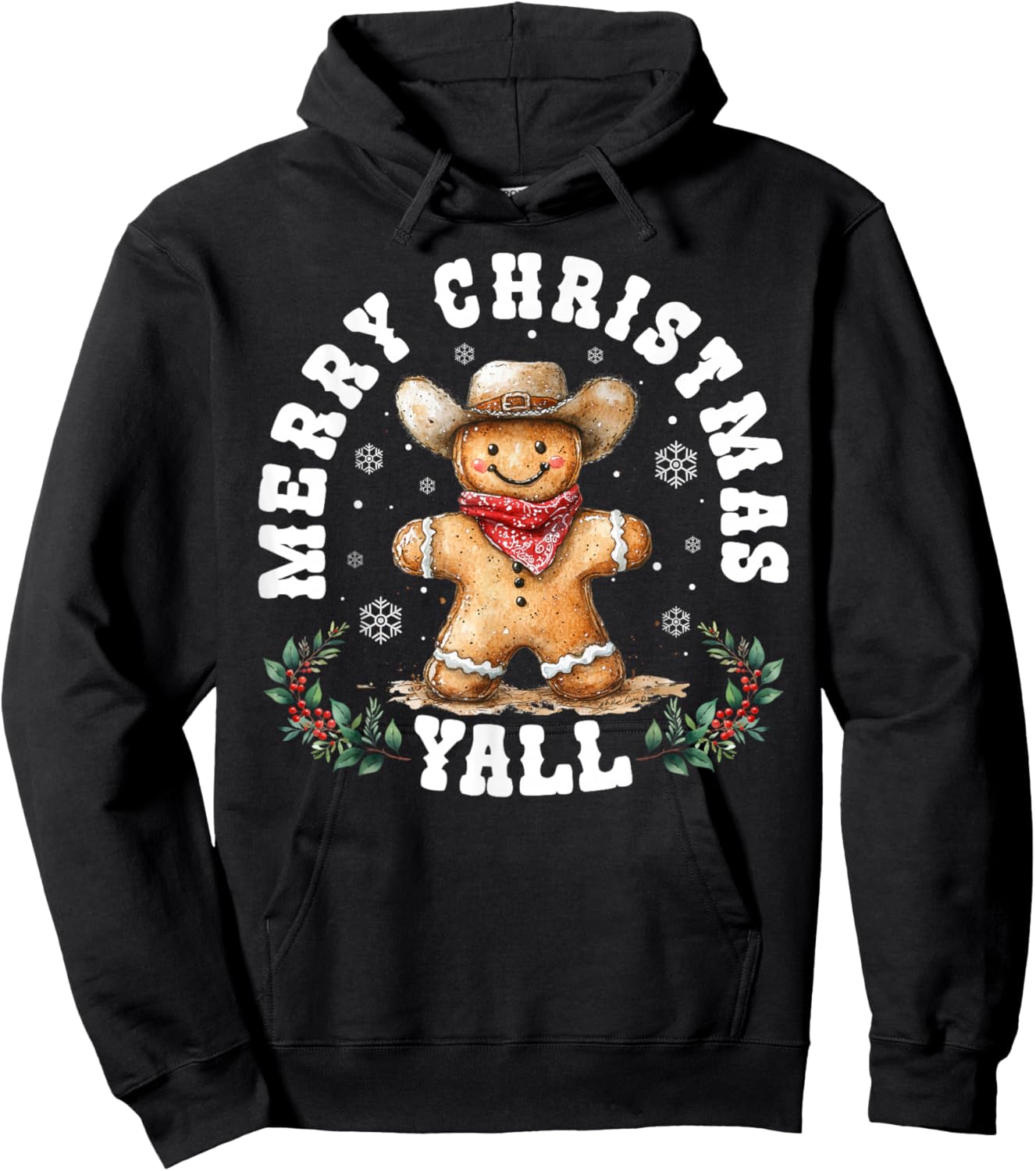 Merry Christmas Yall Gingerbread Cowboy Western Xmas Pajamas Hoodie - Hoodie | Black