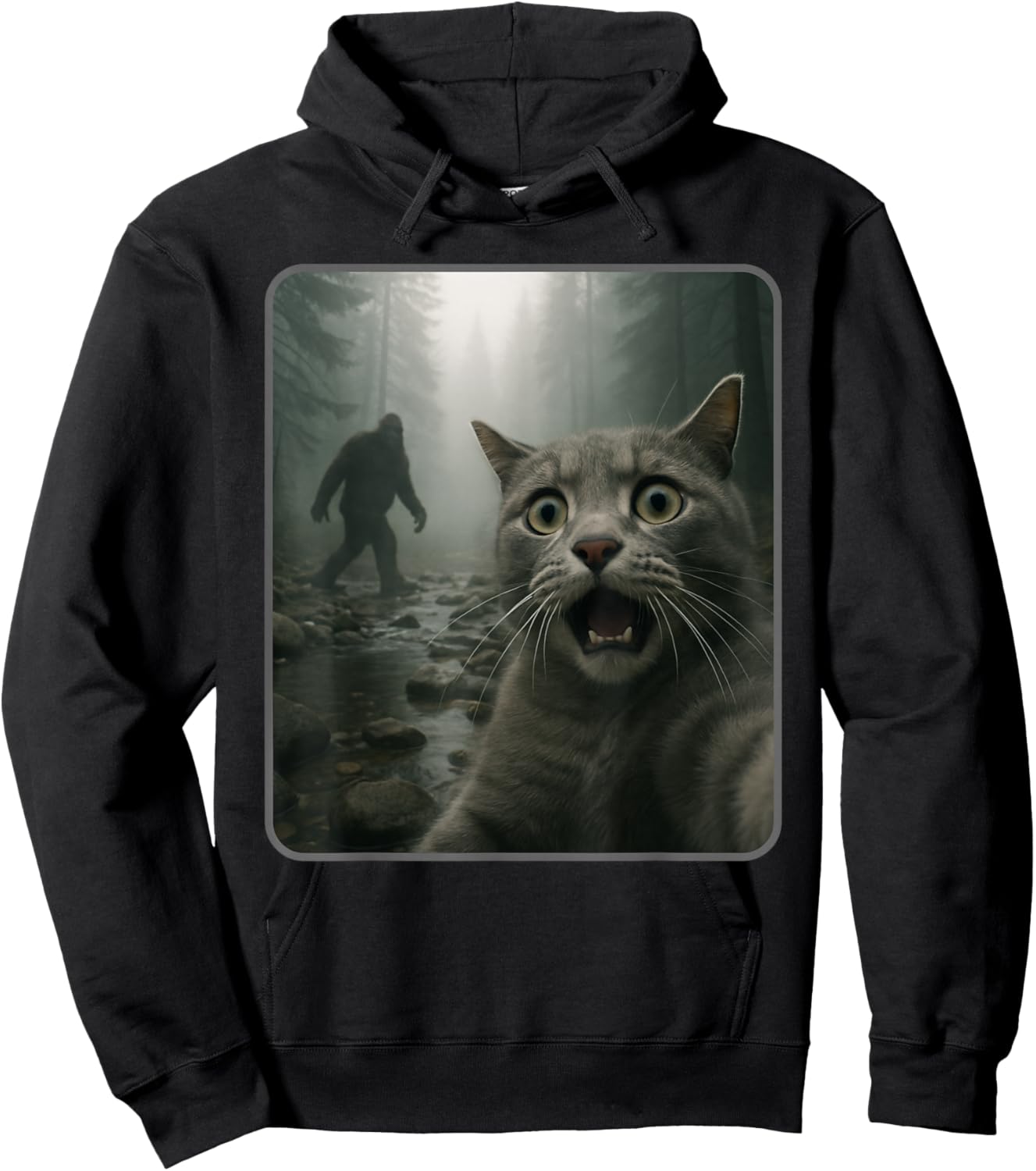 Funny Cat Selfie with Bigfoot Meme Hoodie - Hoodie | Black