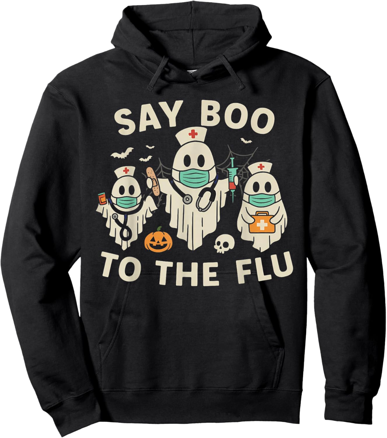 Nurse Halloween Ghost Crew Vaccine Say Boo to The flu Hoodie - Hoodie | Black