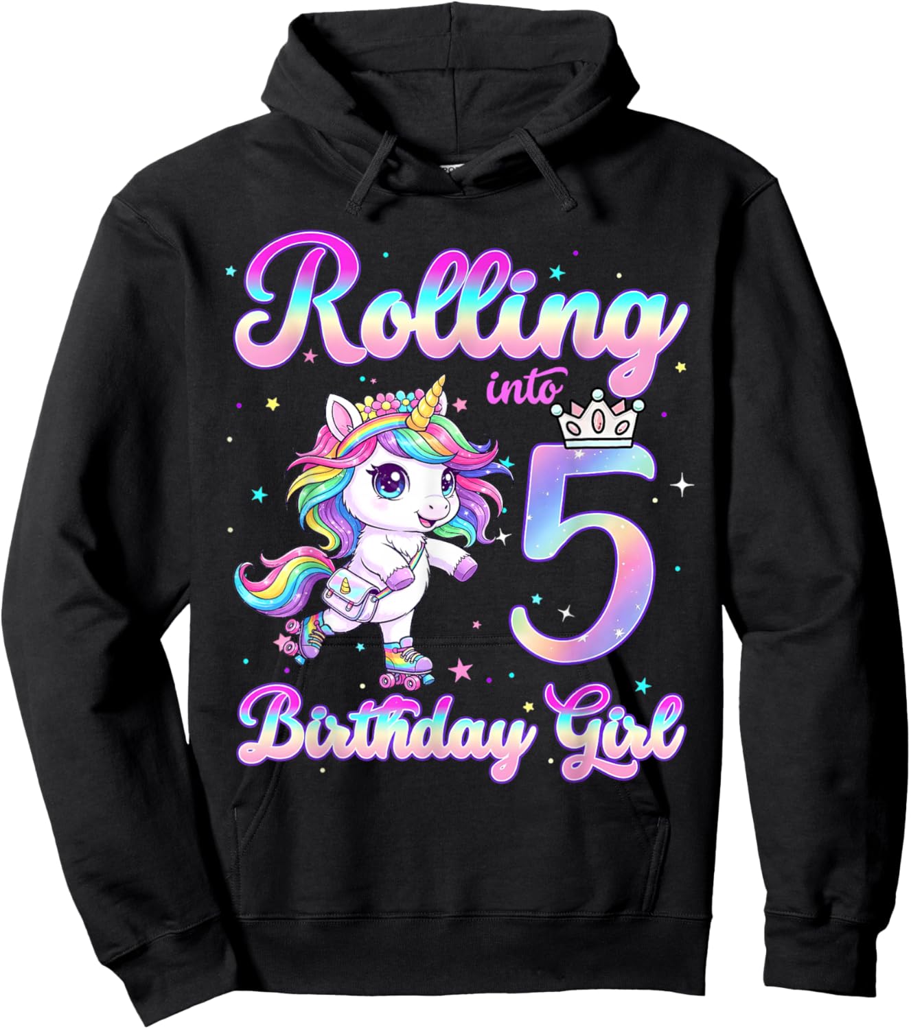 Kids Rolling Into 5 Roller Skating 5th Birthday Unicorn Girl Hoodie - Hoodie | Black