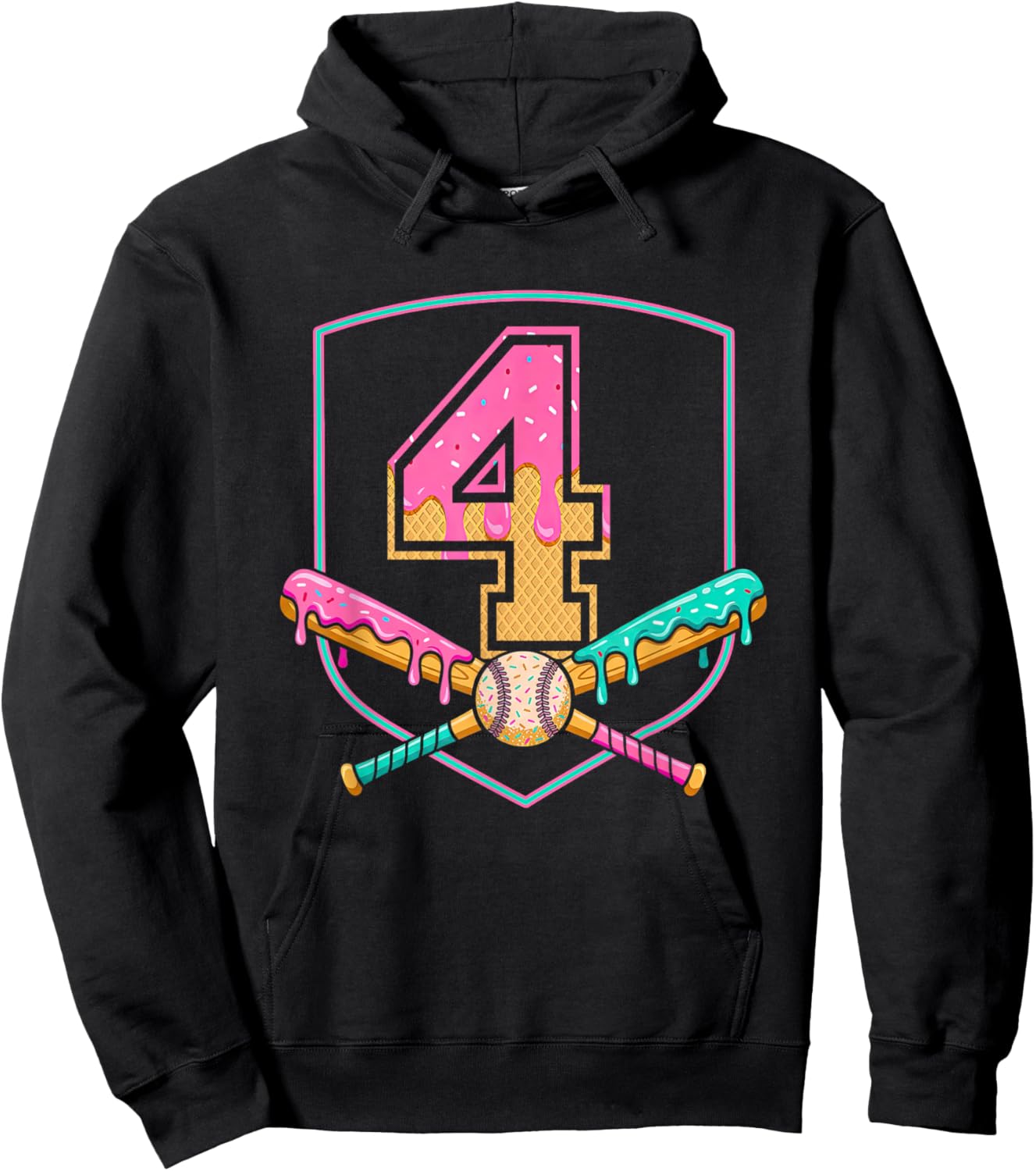 4th Birthday Baseball Bat Ice-Cream Drip 4yrs Old Boys Girls Hoodie - Hoodie | Black