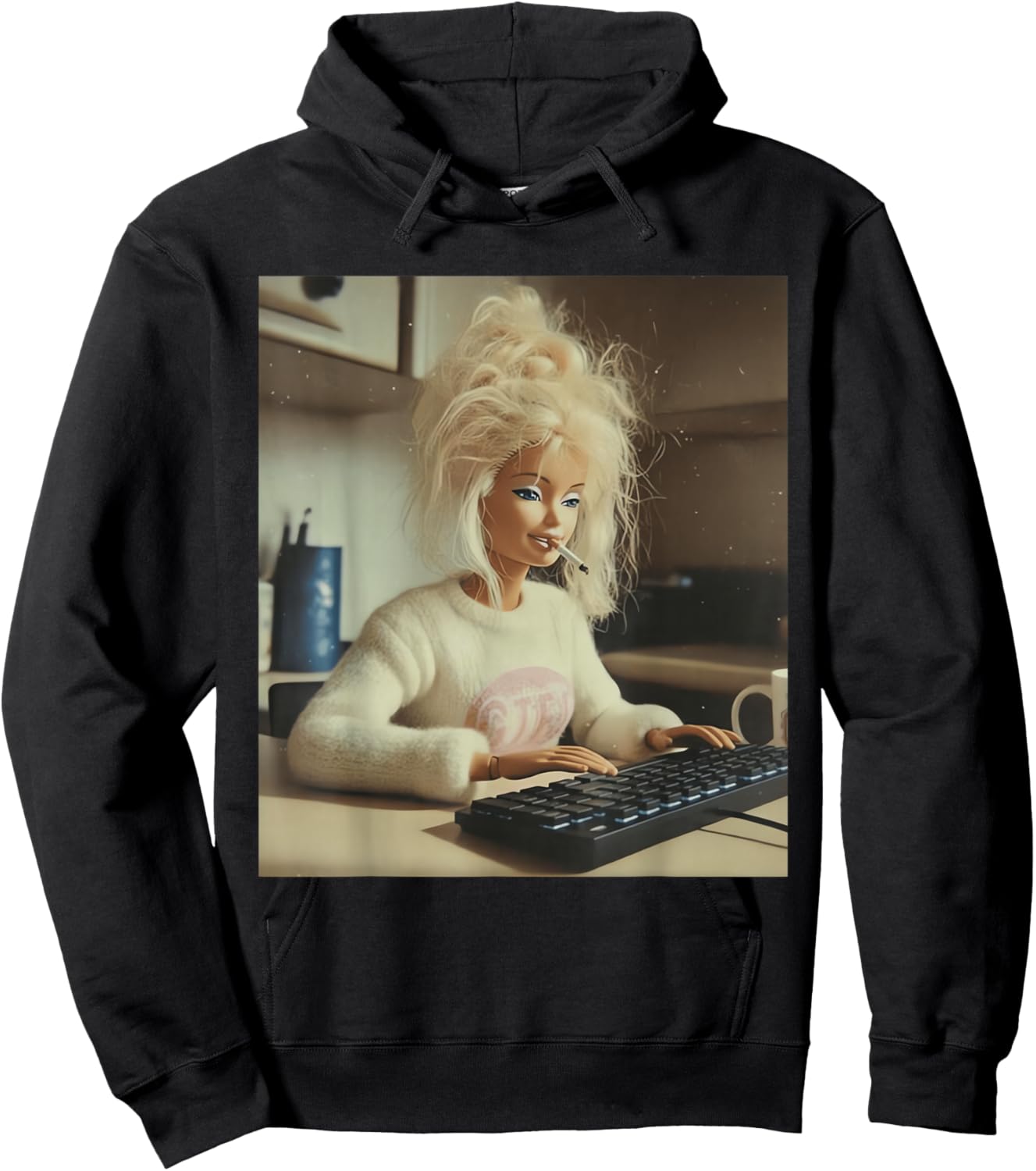 Funny Doll Face Working and Smoking Distressed Meme Hoodie - Hoodie | Black