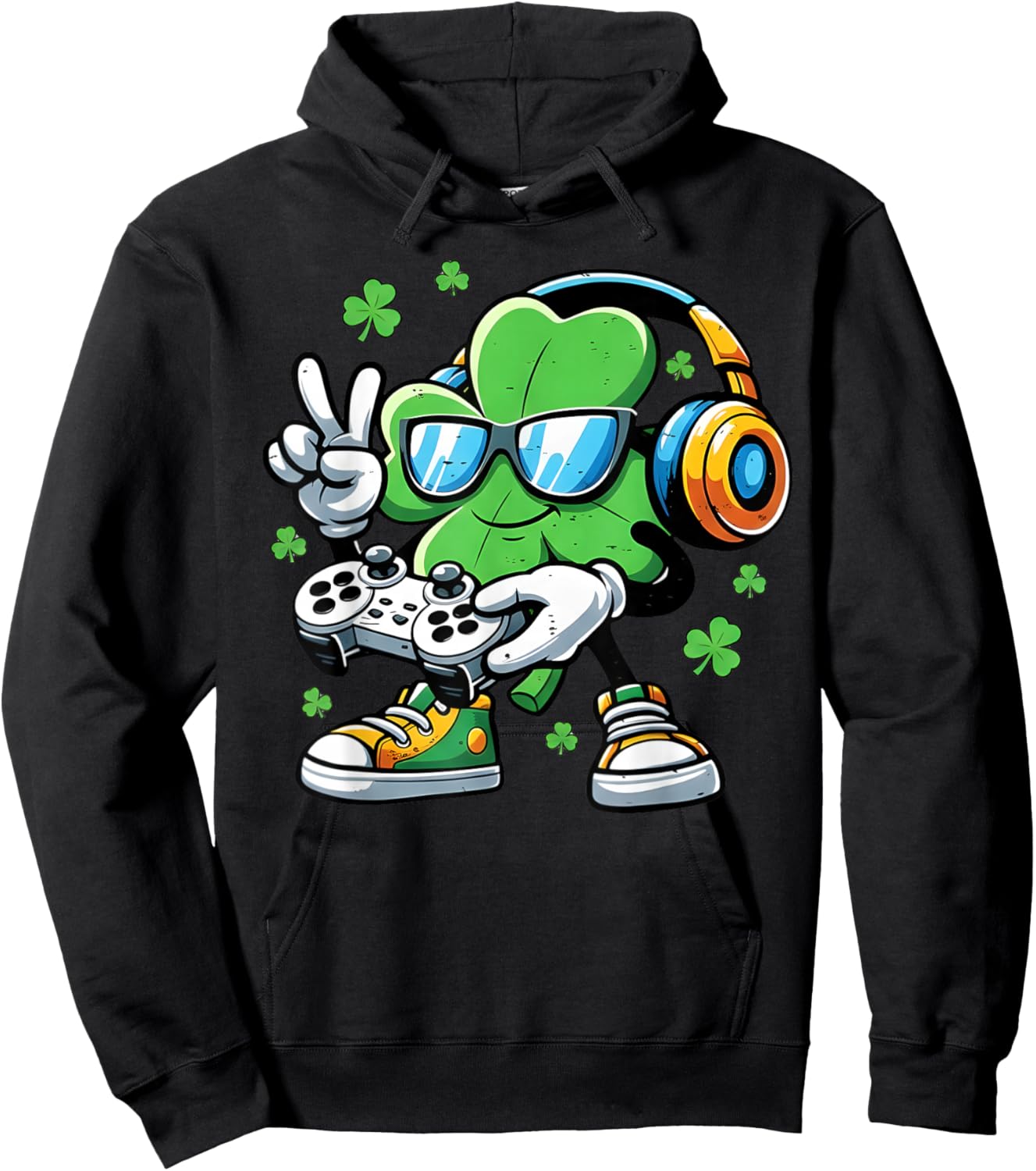 St Patrick Day Shamrock Gamer Video Gaming Boys Men Kids Hoodie - Hoodie | Black