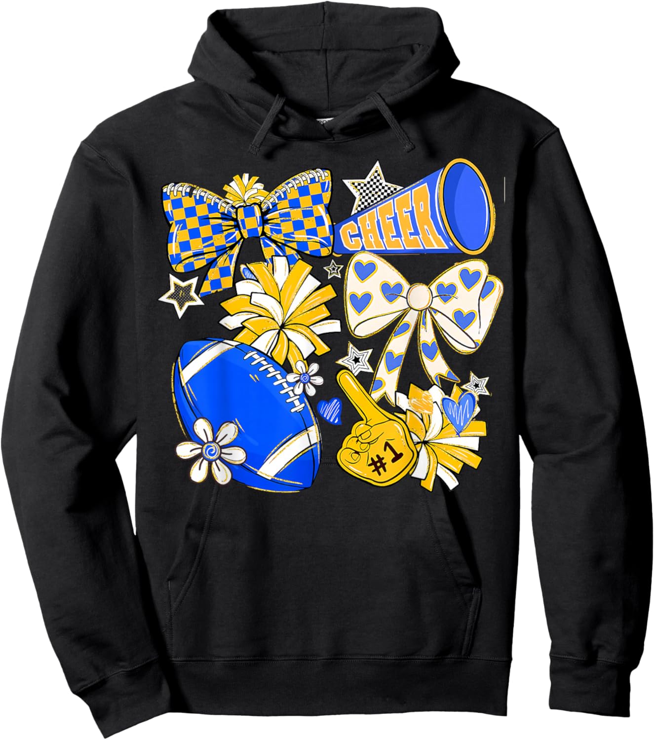 Retro Blue & Gold Cheer Football Game Day Coquette Bow Kids Hoodie - Hoodie | Black