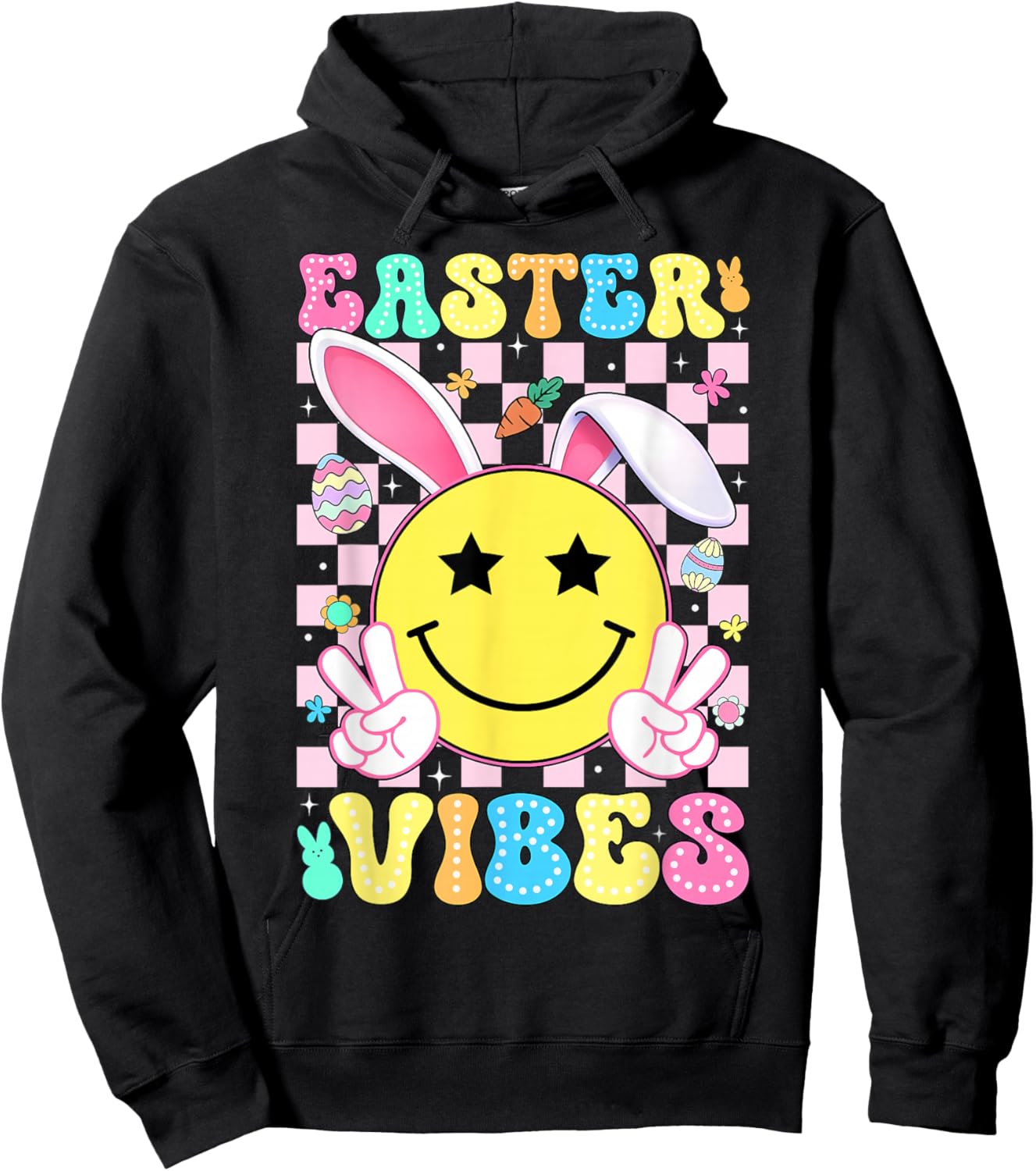 Easter Vibes Retro Groovy Bunny Rabbit Ears Women Girl Kid Hoodie - Hoodie | Black