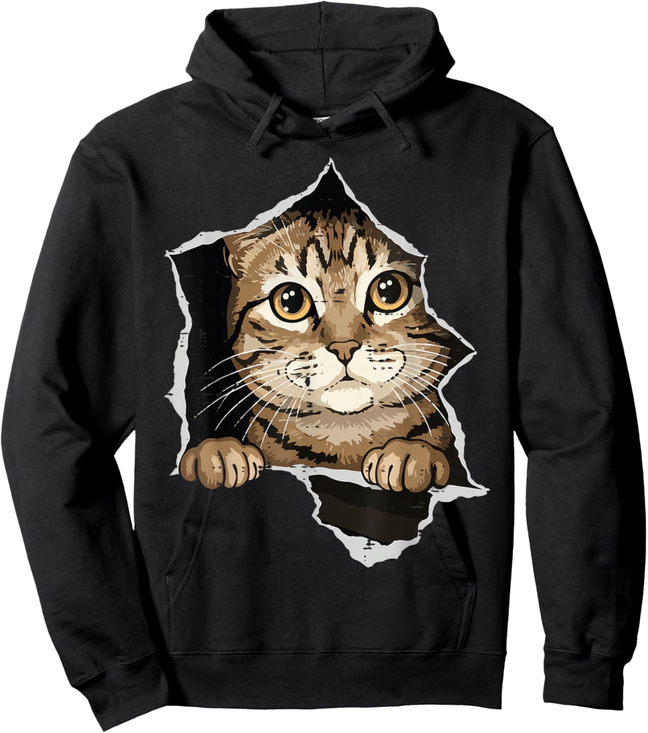 Cat Peeking Torn Paper Cute Kitten Kitty Women Girls Kids Hoodie - Hoodie | Black