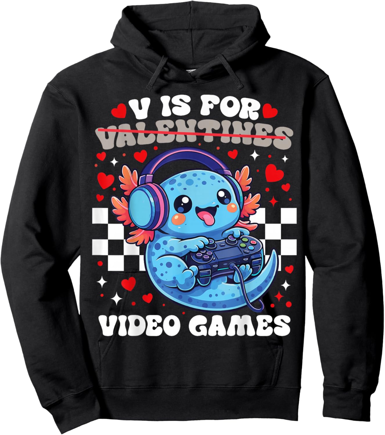 V is for Video Games Cute Axolotl Gamer Valentine Gaming Hoodie - Hoodie | Black