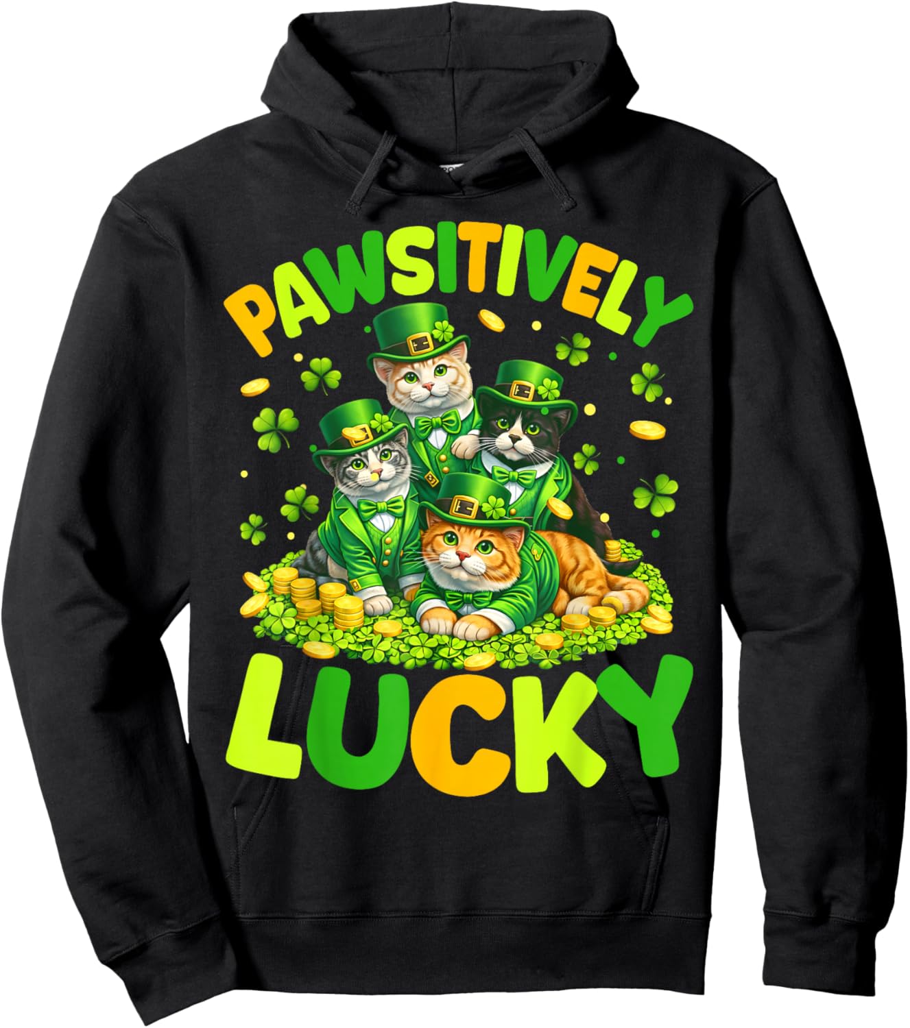 Pawsitively Lucky Cats St Patricks Day Cat Lover Women Kids Hoodie - Hoodie | Black