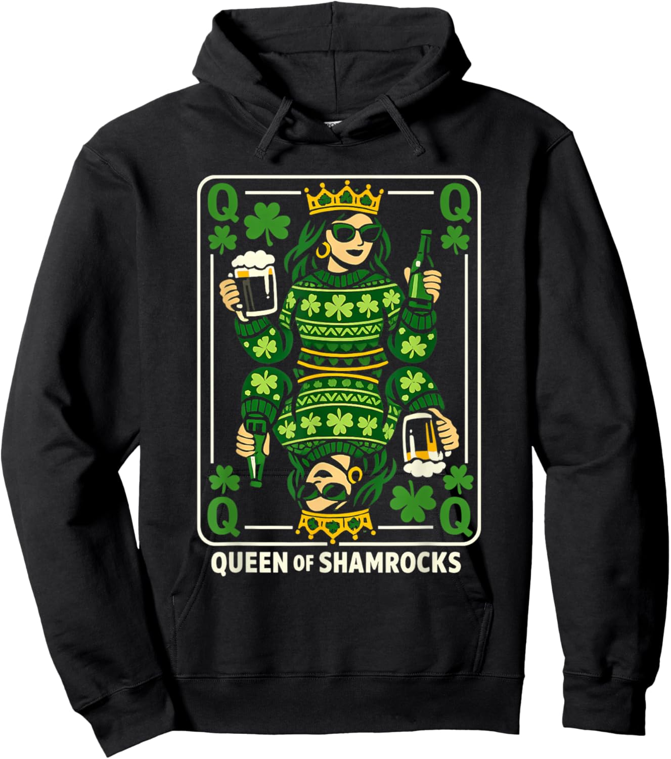 Queen of Shamrocks Shirt St Patrick’s Day Queen Playing Card Hoodie - Hoodie | Black