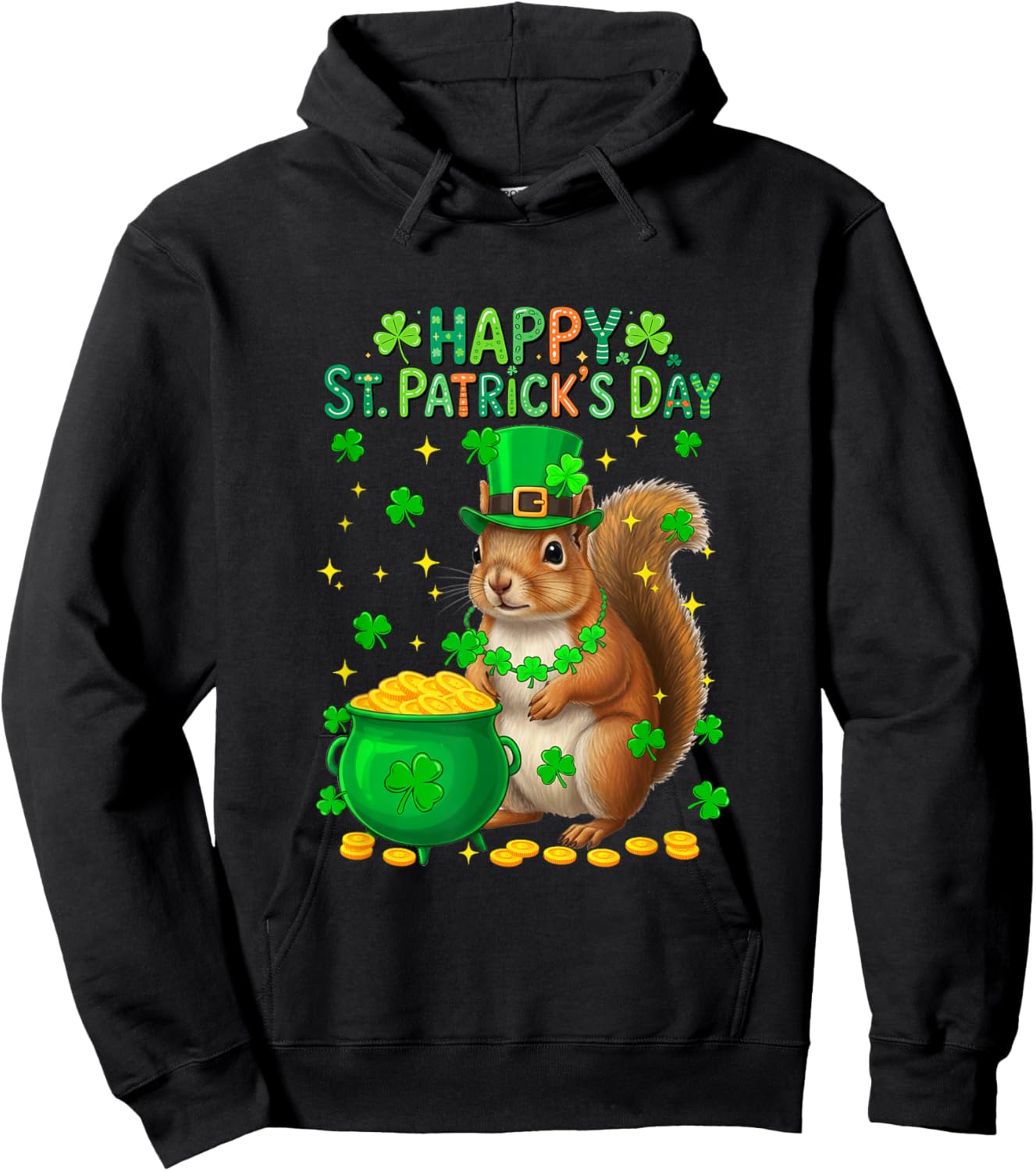 Happy St. Patrick's Day Squirrel Shamrocks Coins Lover Kids Hoodie - Hoodie | Black