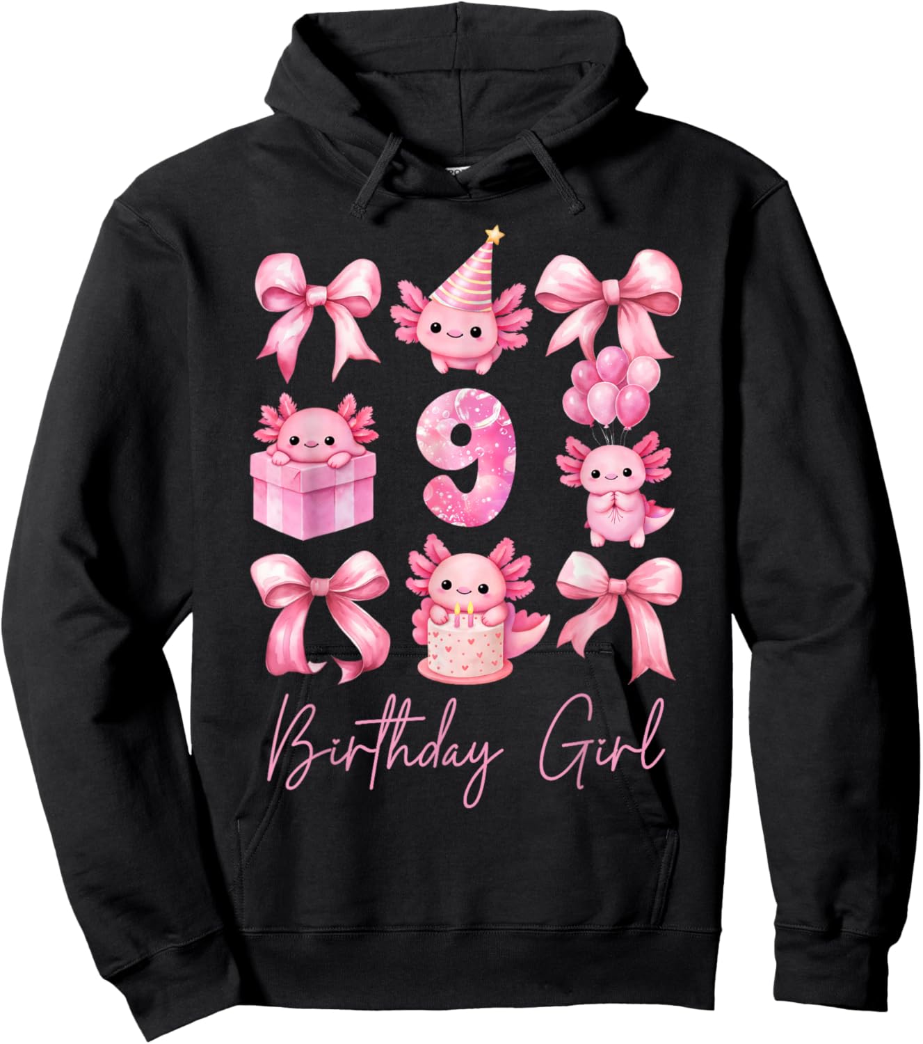 Cute Axolotl 9th Birthday Girl Pink Coquette Bow 9 Year Old Hoodie - Hoodie | Black