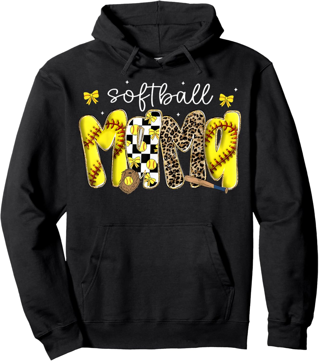 Softball Mama Leopard Coquette Bow Mom Mother Women Hoodie - Hoodie | Black