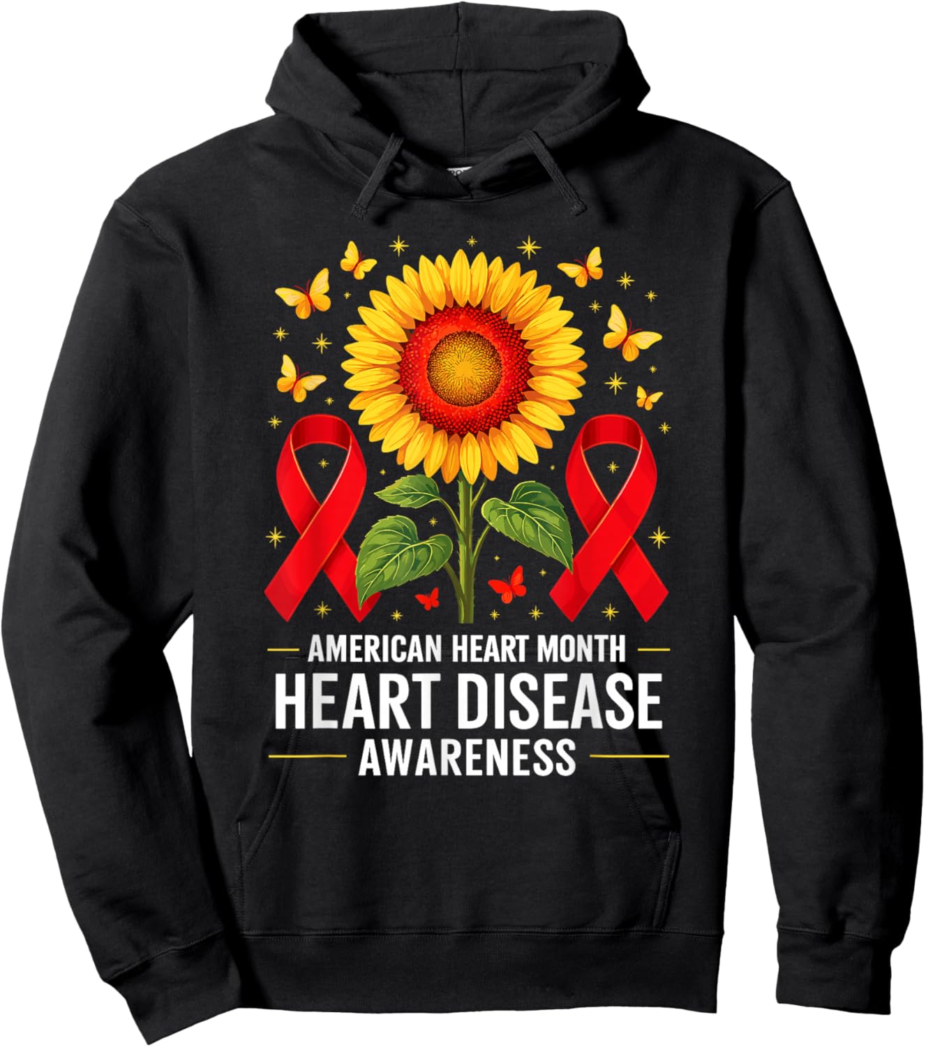 American Heart Disease Awareness Month Ribbon Red Heart Hoodie - Hoodie | Black