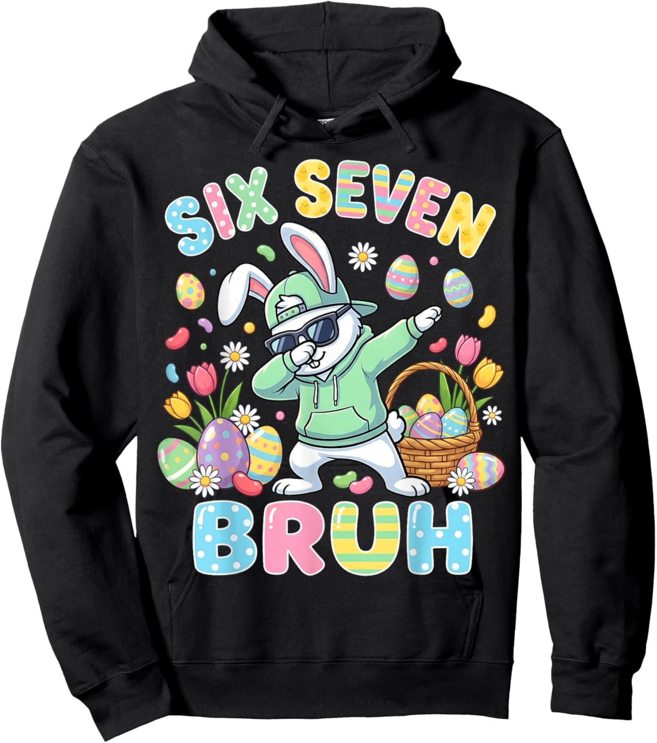 Six Seven Bruh Easter Boys Kids Dabbing Bunny Rabbit 67 Meme Hoodie - Hoodie | Black