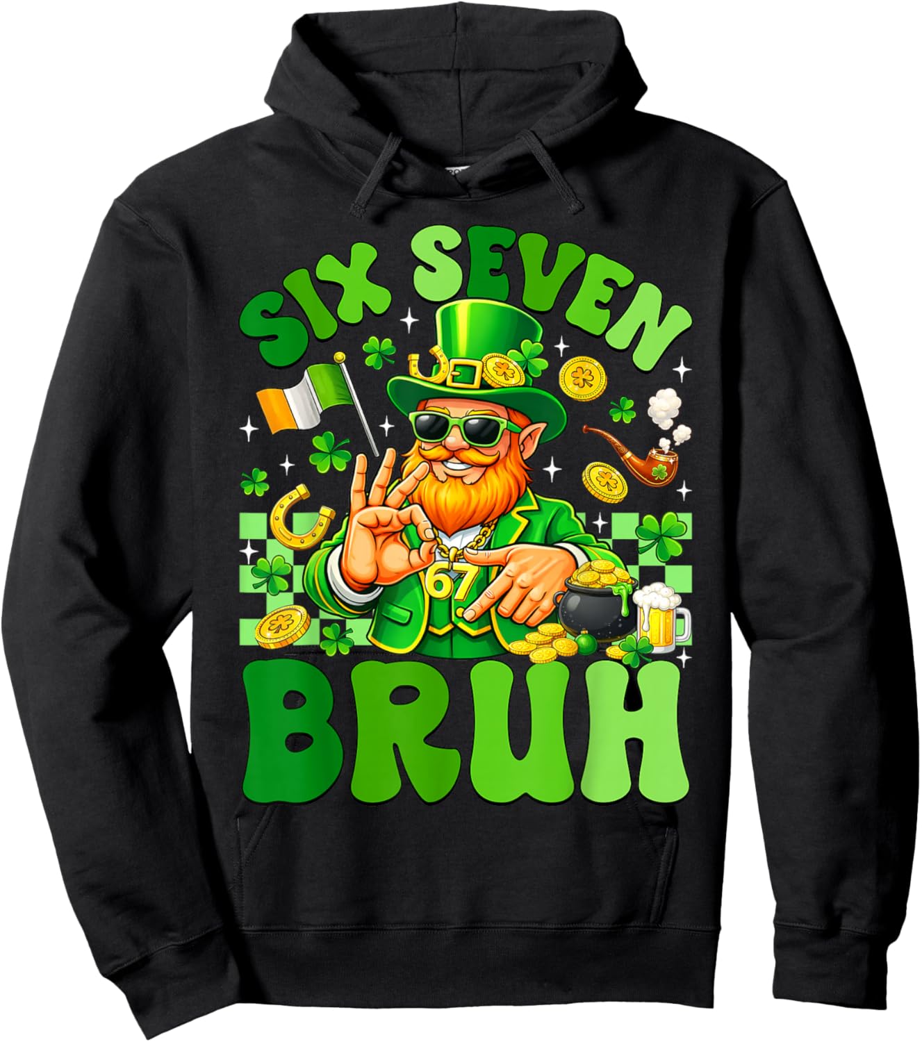 Six Seven Meme Leprechaun 6 7 Bruh St Patricks Day Boys Men Hoodie - Hoodie | Black