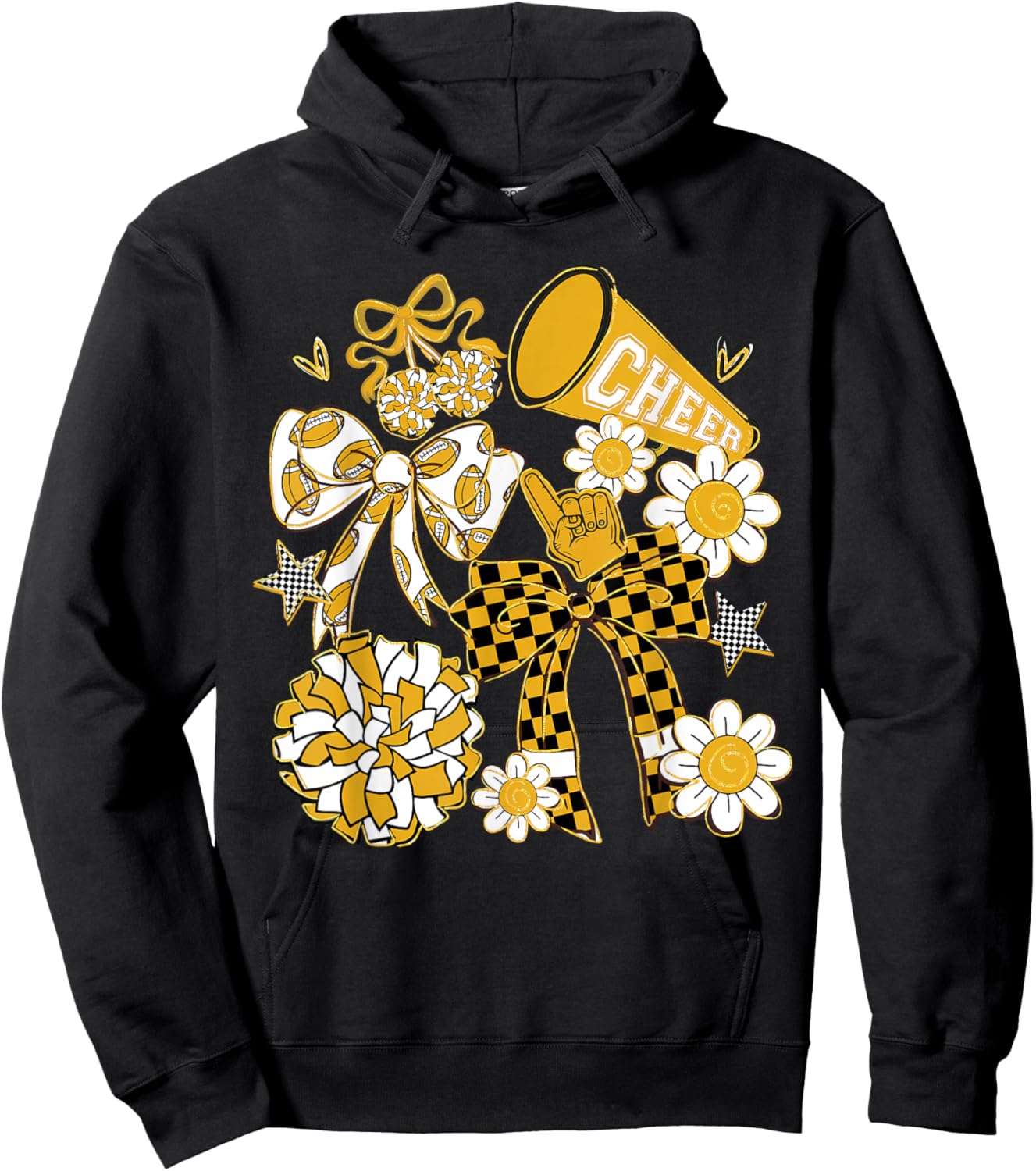 Coquette Bow Football Gold Black Game Cheer Mom Touchdown Hoodie - Hoodie | Black
